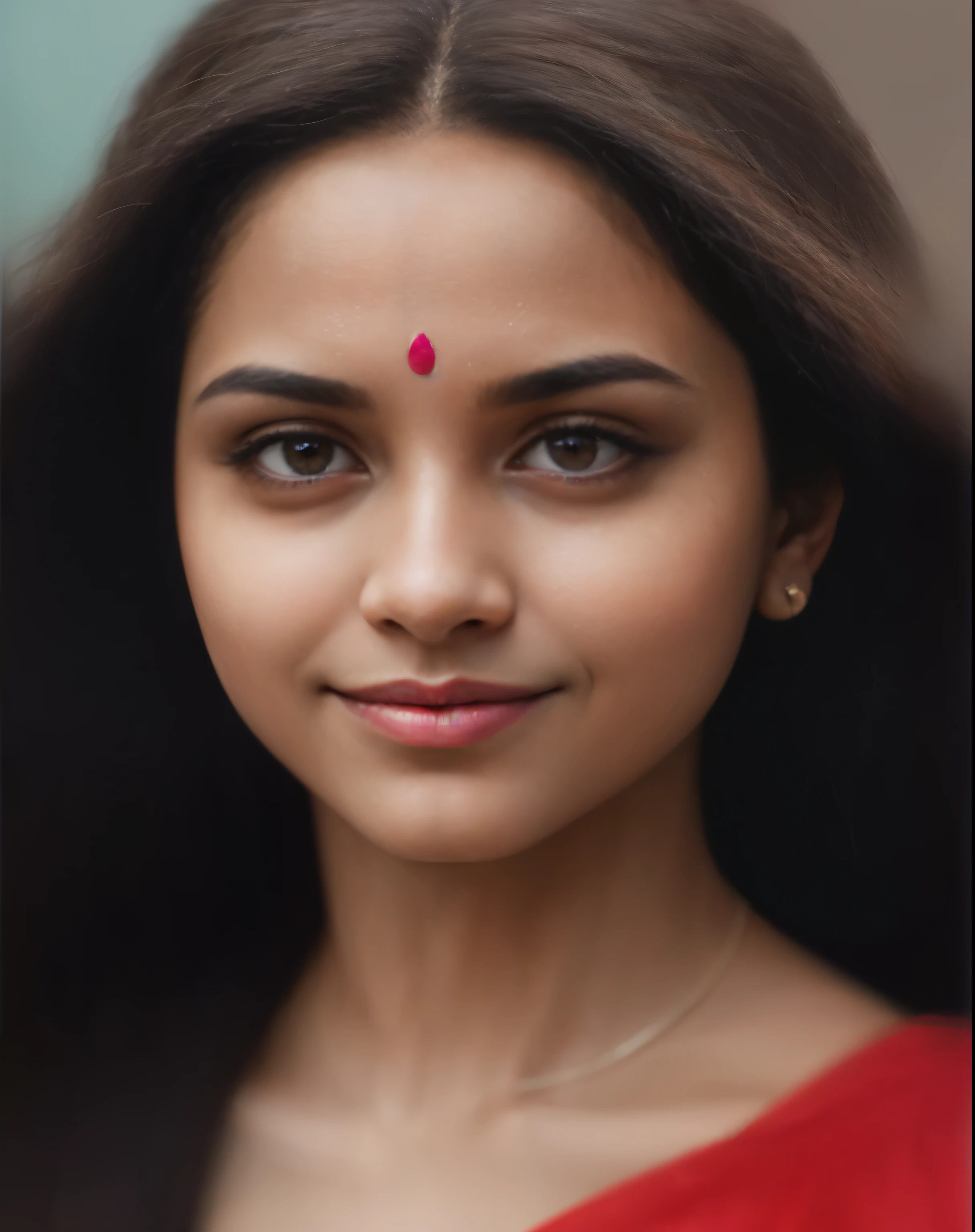 "Create an image of a young woman with a natural blend of Indian and Mexican features. She has the captivating eyes and long, flowing hair of Indian descent, paired with the warm, sun-kissed skin tone often seen in Mexican heritage. Her attire is simple yet elegant, reflecting a blend of both cultures. The setting is serene, emphasizing her natural beauty and cultural fusion."