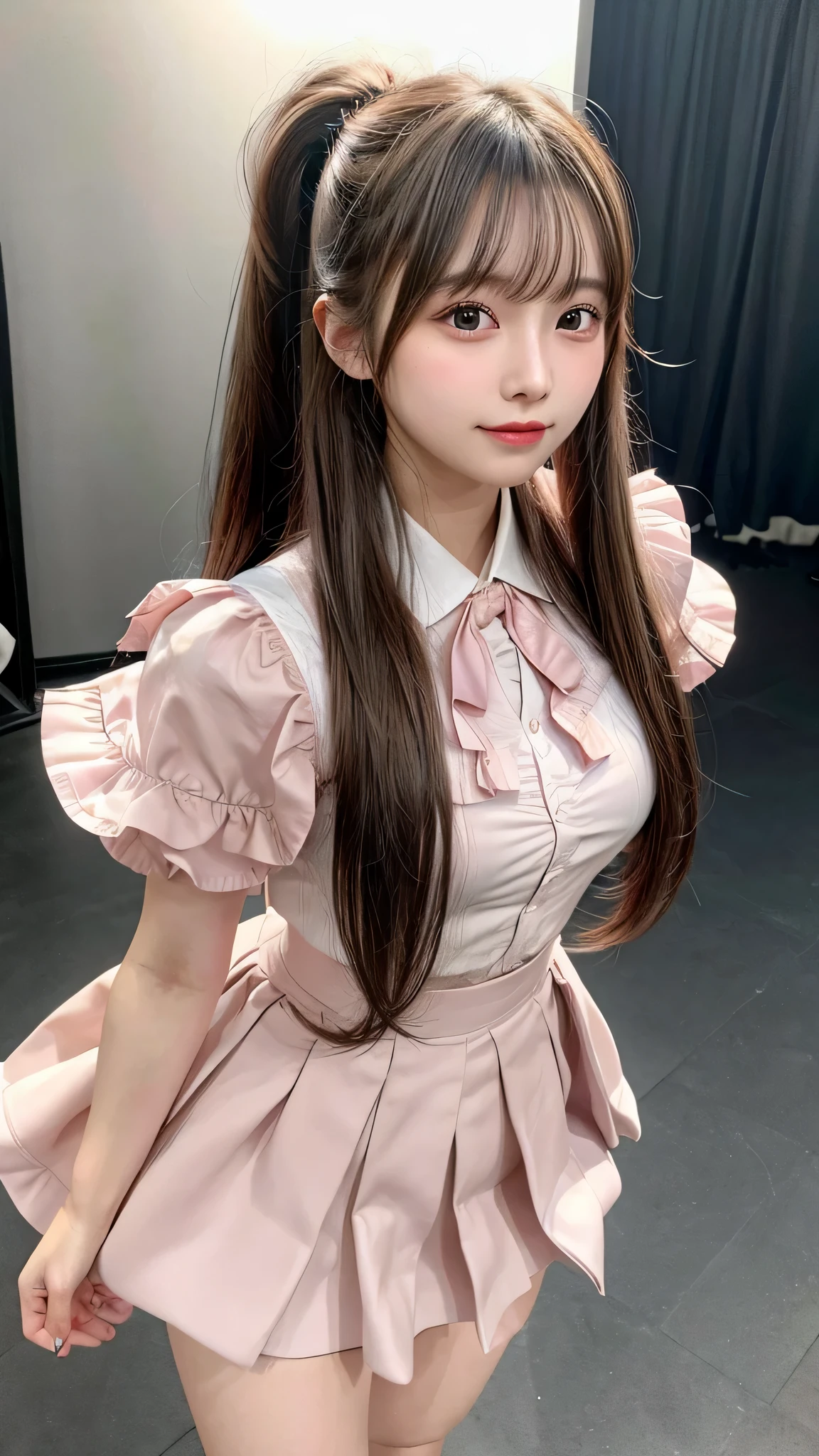 blush,small breasts,,long hair ponytail,on stage,Are standing,close up of face,((8K, Raw photo, best quality, muste piece:1.2), (Reality, photorealistic:1.4), (Highly detailed 8K wallpaper), Depth of the bounds written, cinematic lighting, soft light, detailed beauty eye,Shiny and smooth light brown ponytail, asymmetrical bangs, shiny skin, super detailed skin ,high resolution, high detail, detailed hairstyle, detailed beauty face, hyper real, perfect limbs, perfect anatomy ,1 Japanese girl,famous japanese idol, perfect female body,shy smile,short eyelashes,double-edged eyelids,look straight here,Hair style is ponytail、Pink colored long dress with lots of ruffles, softly shaped skirt, standing on stage,pink ribbon on head,She wears a long skirt with lots of frills.,Neat clothes