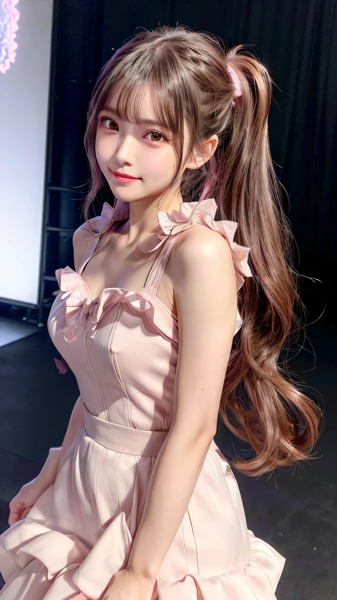 blush,small breasts,14 years old,long hair ponytail,on stage,Are standing,close up of face,((8K, Raw photo, best quality, muste piece:1.2), (Reality, photorealistic:1.4), (Highly detailed 8K wallpaper), Depth of the bounds written, cinematic lighting, soft light, detailed beauty eye,Shiny and smooth light brown ponytail, asymmetrical bangs, shiny skin, super detailed skin ,high resolution, high detail, detailed hairstyle, detailed beauty face, hyper real, perfect limbs, perfect anatomy ,1 Japanese girl,famous japanese idol, perfect female body,shy smile,short eyelashes,double-edged eyelids,look straight here,Hair style is ponytail、Pink colored long dress with lots of ruffles, softly shaped skirt, standing on stage,pink ribbon on head,She wears a long skirt with lots of frills.,Neat clothes