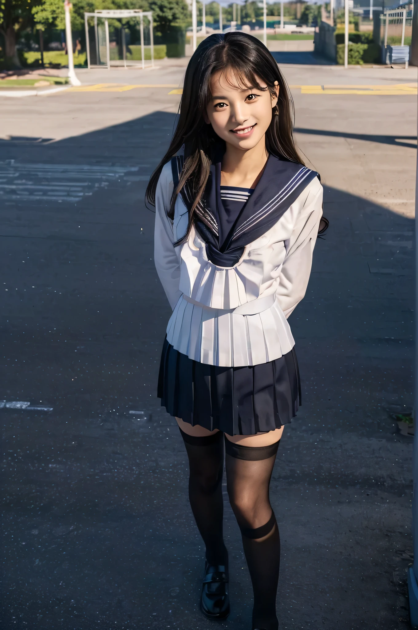 Kawaii Girl, fullllbody, 12 year old girl, (Detailed cute face, detailed innie cat), a junior high school student, Dark blue school uniform, Dark blue pleated skirt, neck tie, standing in the street, (Enbara)、(Obscene content), hight resolution, Realistic, Raw photo, profetional lighting