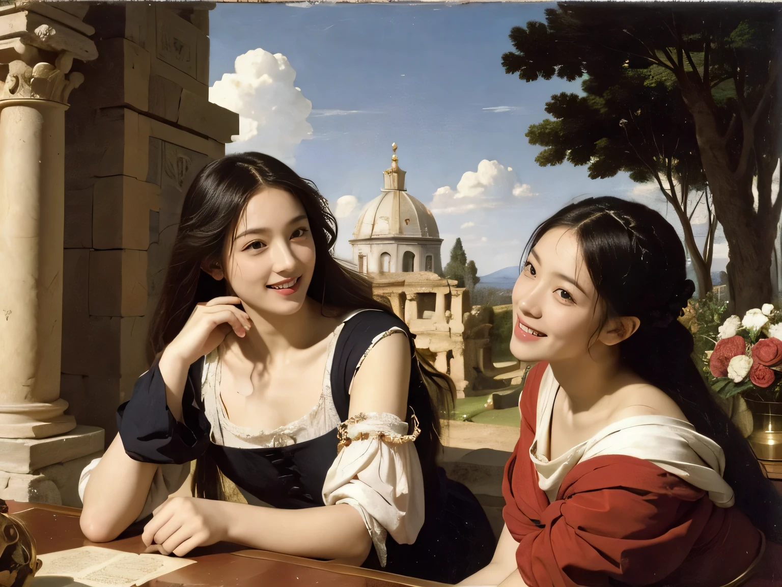 Giorgione painting style,Arguments of two female Philosophe,math、astronomical machine、astronaut、roses in vase、fruits、Cute trinkets、smile、ancient greek costume、Ancient Roman landscape in the style of Nicolas Poussin,laughter,,Sweet and seductive appearance.、Caravaggio's paintings、Chiaroscuro of Caravaggio、hair tousled by the wind,Two women frolicking,cute smile, expression of ecstasy,Sexy,erotic