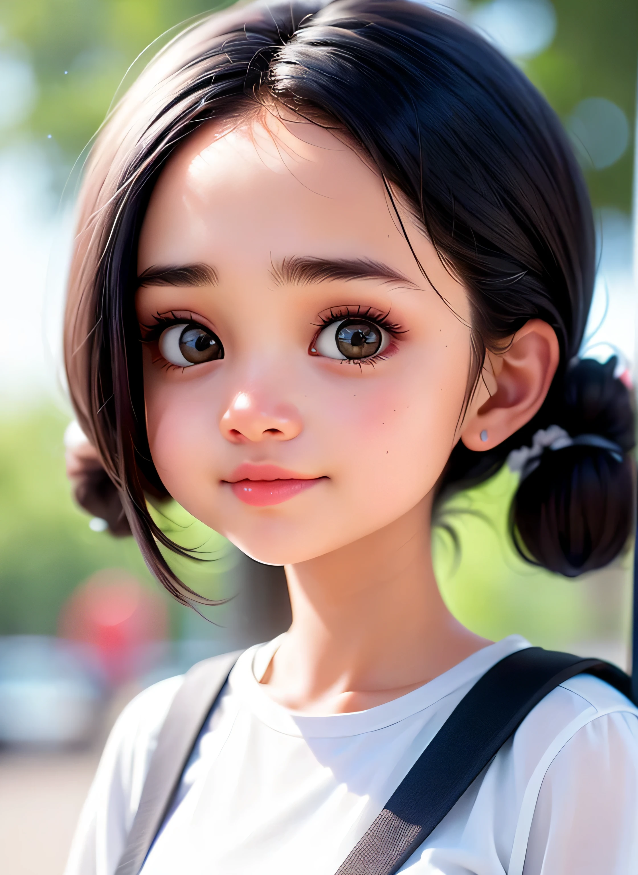 super cute girl IP by popmart,natural light,Adorable,Youthful,Animated, pixar style, A woman with long, dark hair is wearing a white shirt and posing for a photo. She has a nose ring and appears to be looking at the camera. The background of the image is blurry, focusing on her as the main subject.