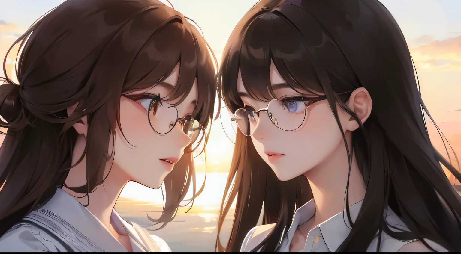 (((two women、facing each other)))、Masterpiece,best quality, (sunset))), determined expression, upper body diagram、Glasses、((cheerful look))、white shirt、 (highest resolution、clear_image)、best quality、contrast of light and shadow、((illumination))、very detailed、semi-realistic、Perm hairstyle、brown hair、bangs、19 years old、office Lady,,young、((View from the front))、delicate facial features facial features