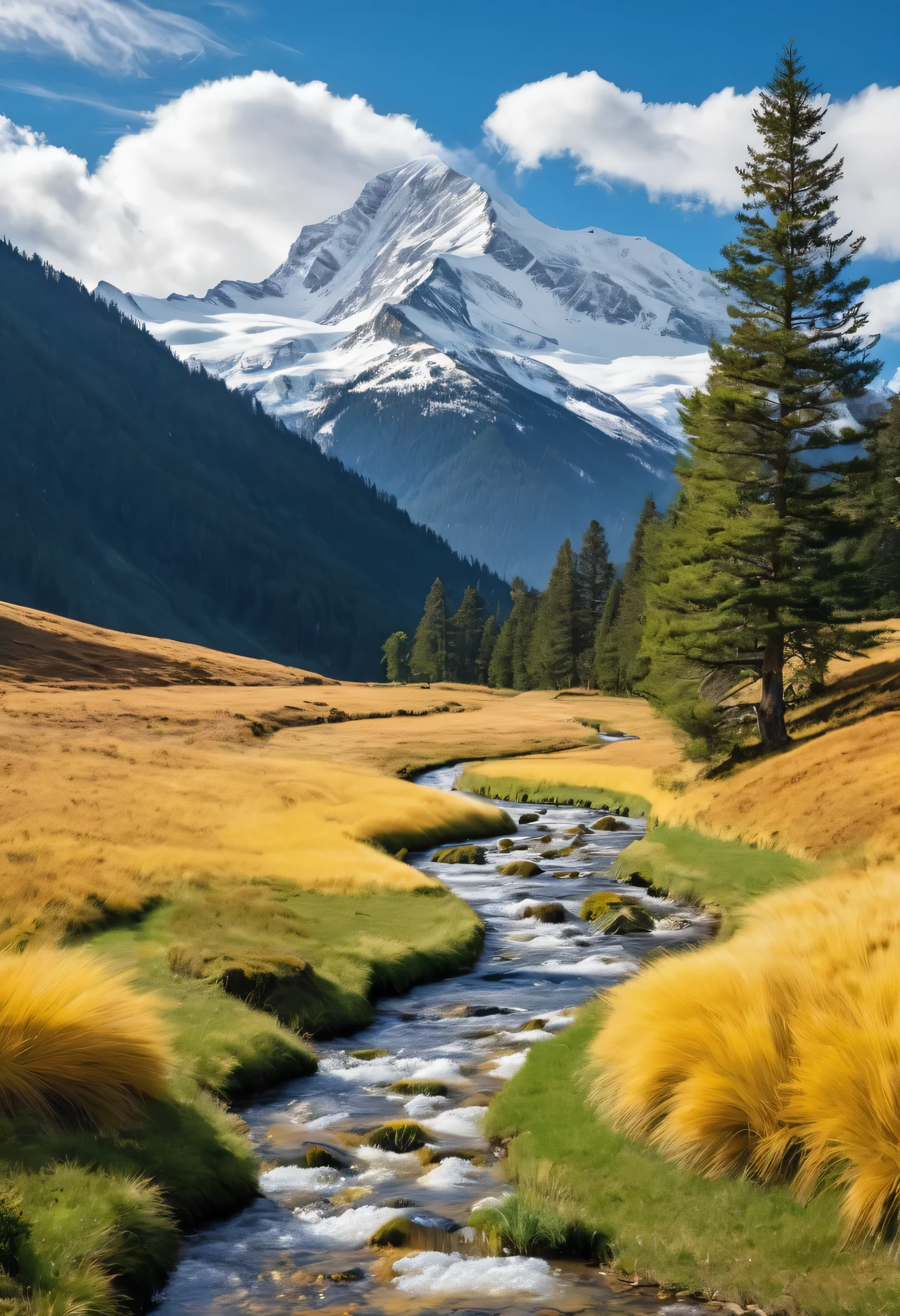 A grassy field with a stone path leads towards a mountain range with a snow-capped peak. Pine trees dot the landscape, and a meandering river flows through the valley. The sky is a mix of blue and yellow, and the clouds are fluffy and white.