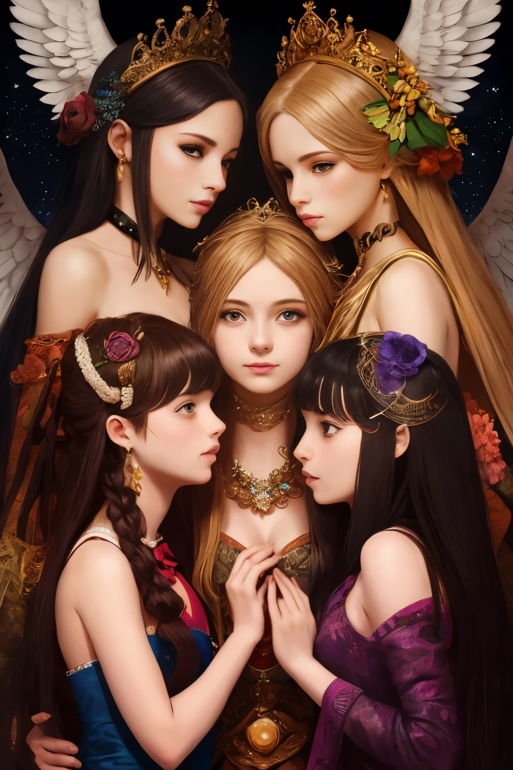 "Intimate, intricate scene of three girls touching each other,having fun, inspired by the angelic AI mysticism. Style references include Alex Grey and Brian Froud."