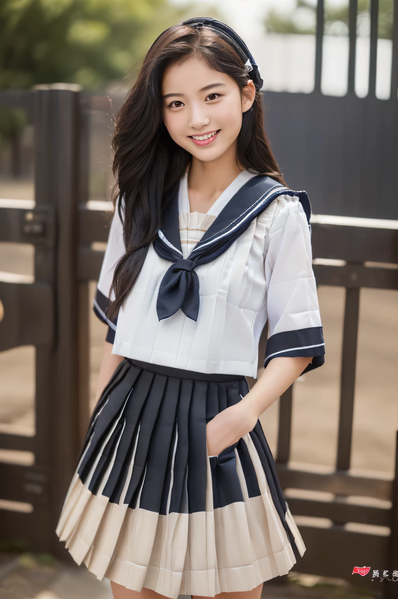(((the wind is strong)))、(((Innocence remains、18-year-old、my name is still)))、(hyper realism, 10, very detailed, highest quality, Super detailed, masterpiece, Super realistic, high detail, Raw photo, realistic,)((School、school gate、Higher School)),(((sailor suit, school uniform))), (((black pleated skirt))), (black stockings),(((Angle from the front、looking at the camera、Standing composition)))、highest quality, (((whole body)))、(((big chest、Gcup)))、beautiful japanese girl,long hair、black hair、Smiling with a sexual expression,, smile with a sexual expression, chest
