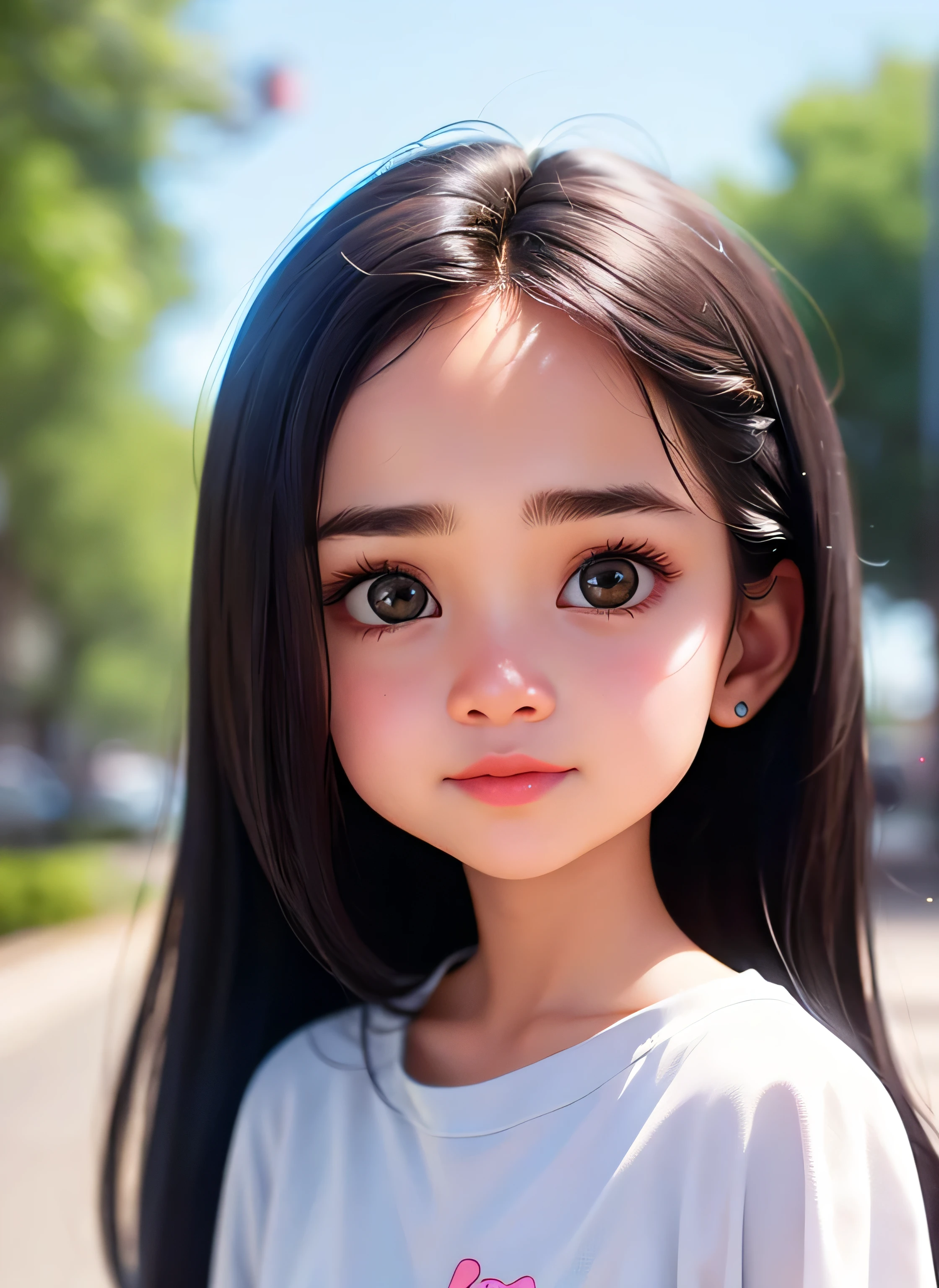 super cute girl IP by popmart,natural light,Adorable,Youthful,Animated, pixar style, A woman with long, dark hair is wearing a white shirt and posing for a photo. She has a nose ring and appears to be looking at the camera. The background of the image is blurry, focusing on her as the main subject.