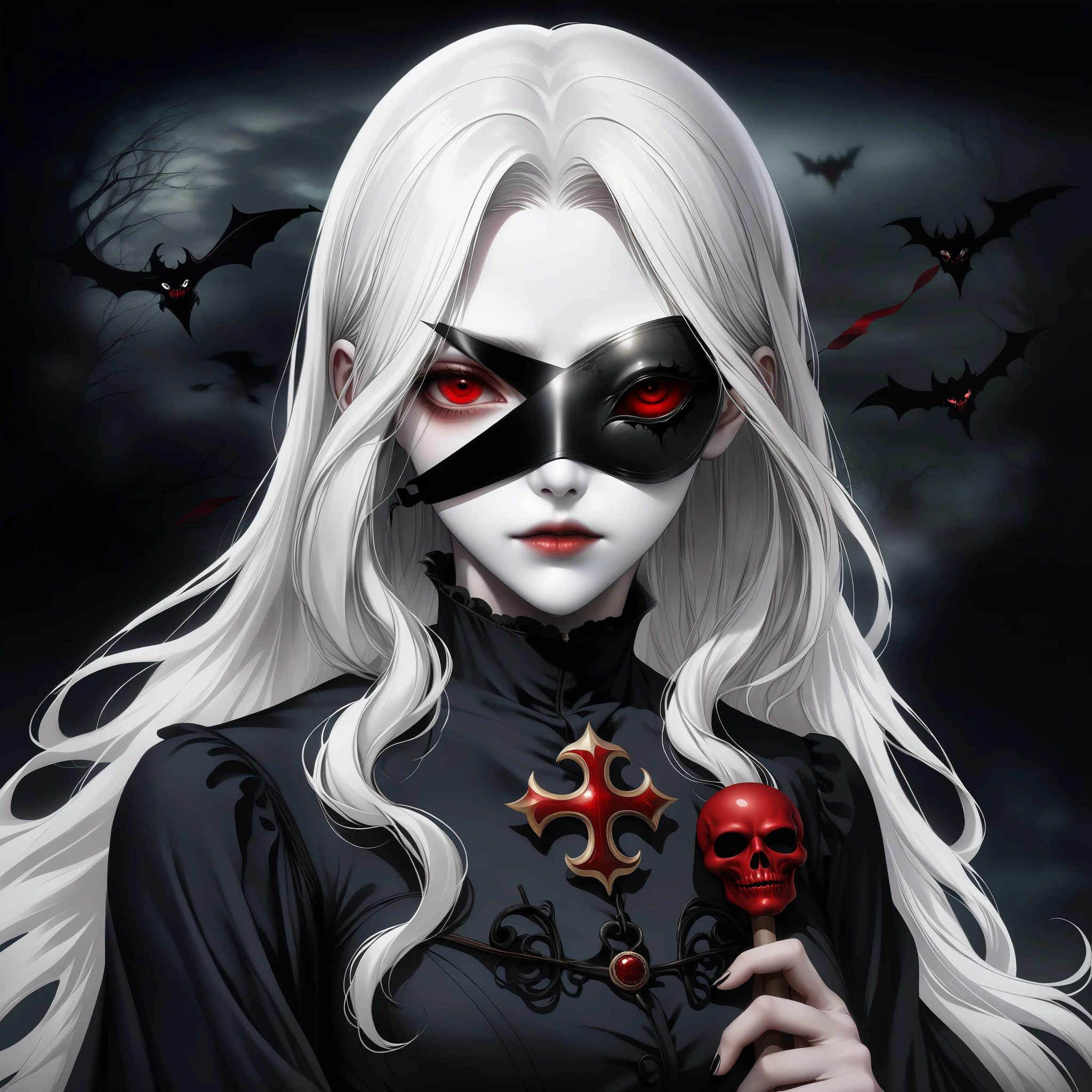 （Holding a mask in hand：1.5），（White-haired ghost wearing an eyepatch，straight hair，red eyes），（gothic art），（fear：1.5），（Correct human anatomy：1.37）