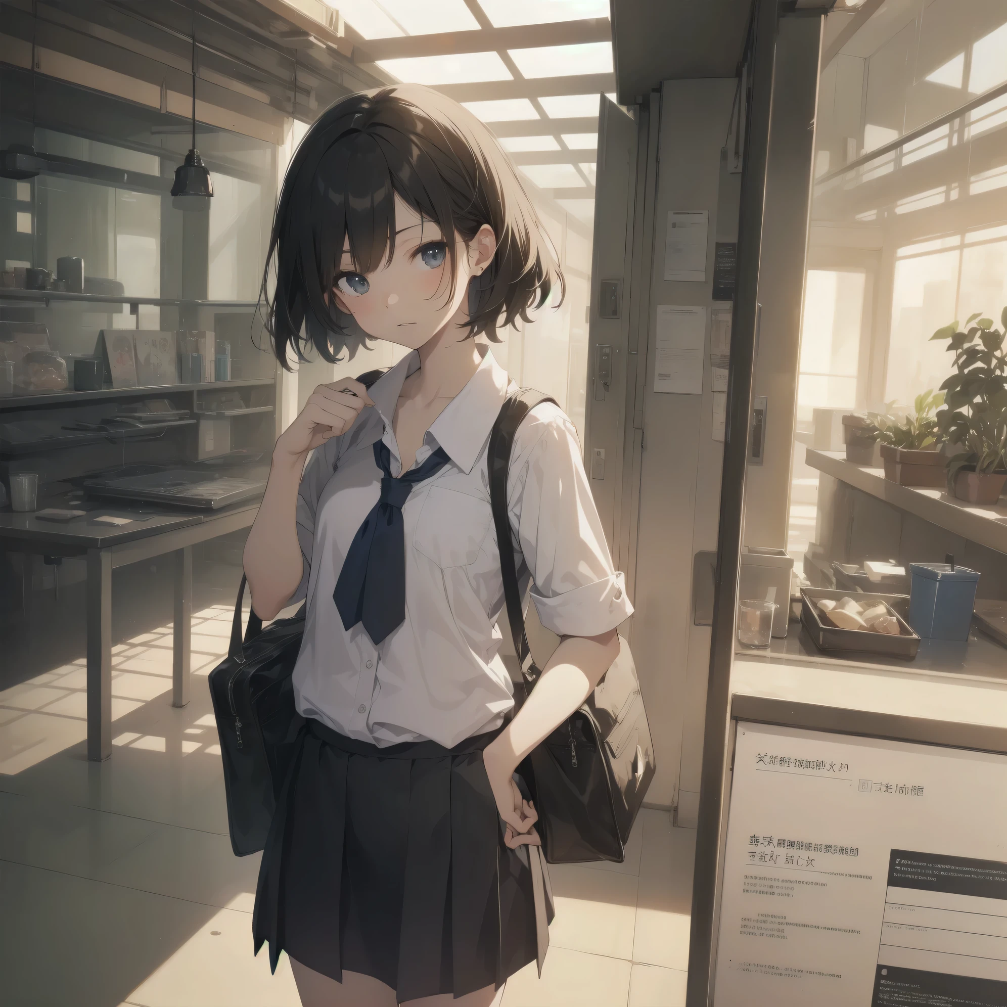 ultra-absurdres-Top quality by art God, ultra-detailed, high resolution, anime moe artstyle, best anime 8k konachan wallpaper, pixiv contest winner, perfect anatomy,break, 1girl, (Please draw a girl walking sleepily to school alone. )break,(Solo,little female, 13-year-old:1.3),Full limbs, complete fingers,a junior high school student, Attractiveness of immature bodies, (very short hair), short cut, flat chest, , small butt, small black eyes, beautiful detailed eyes, well-proportioned iris and pupils, expressive eyes, highres detailed hair, soft expression, school_uniform, pleated skirt,(Detailed Lighting), (Detailed background), in the School commute route. break,super detailed skin, Best cinematic lighting powered by famous artist, 8k,beauty illustration,photoshop_(medium),very aesthetic,break,((artist:core)), artist:fukahire_(ruinon),artist:sekiya asami,artist:kantoku,