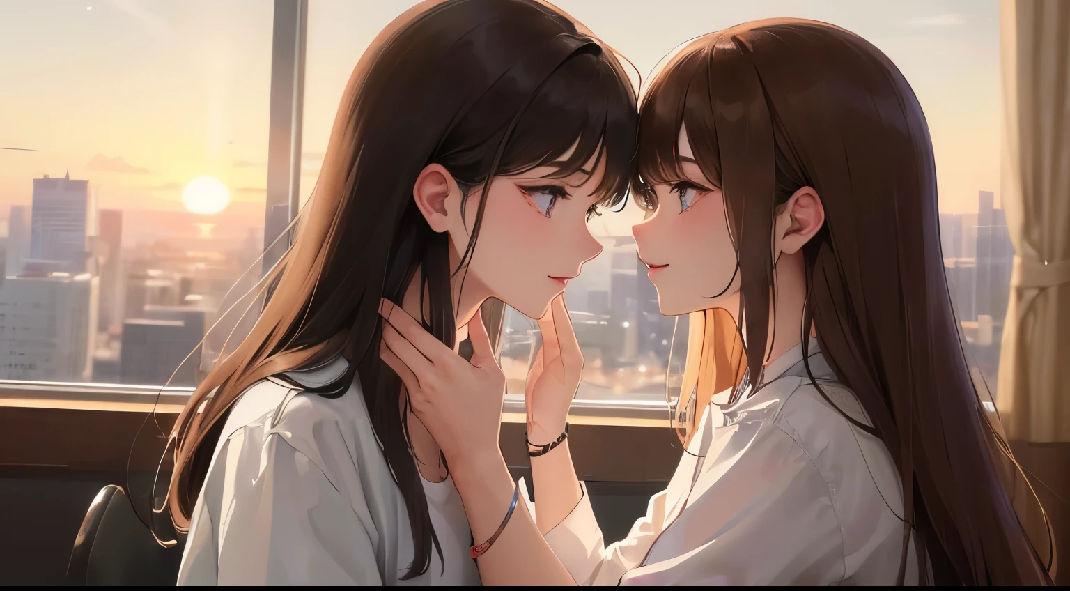 (((two women、facing each other)))、Masterpiece,best quality, (sunset))), determined expression, upper body diagram、Glasses、((cheerful look))、white shirt、 (highest resolution、clear_image)、best quality、contrast of light and shadow、((illumination))、very detailed、semi-realistic、Perm hairstyle、brown hair、bangs、19 years old、office　Lady,,young、((View from the front))、delicate facial features facial features
