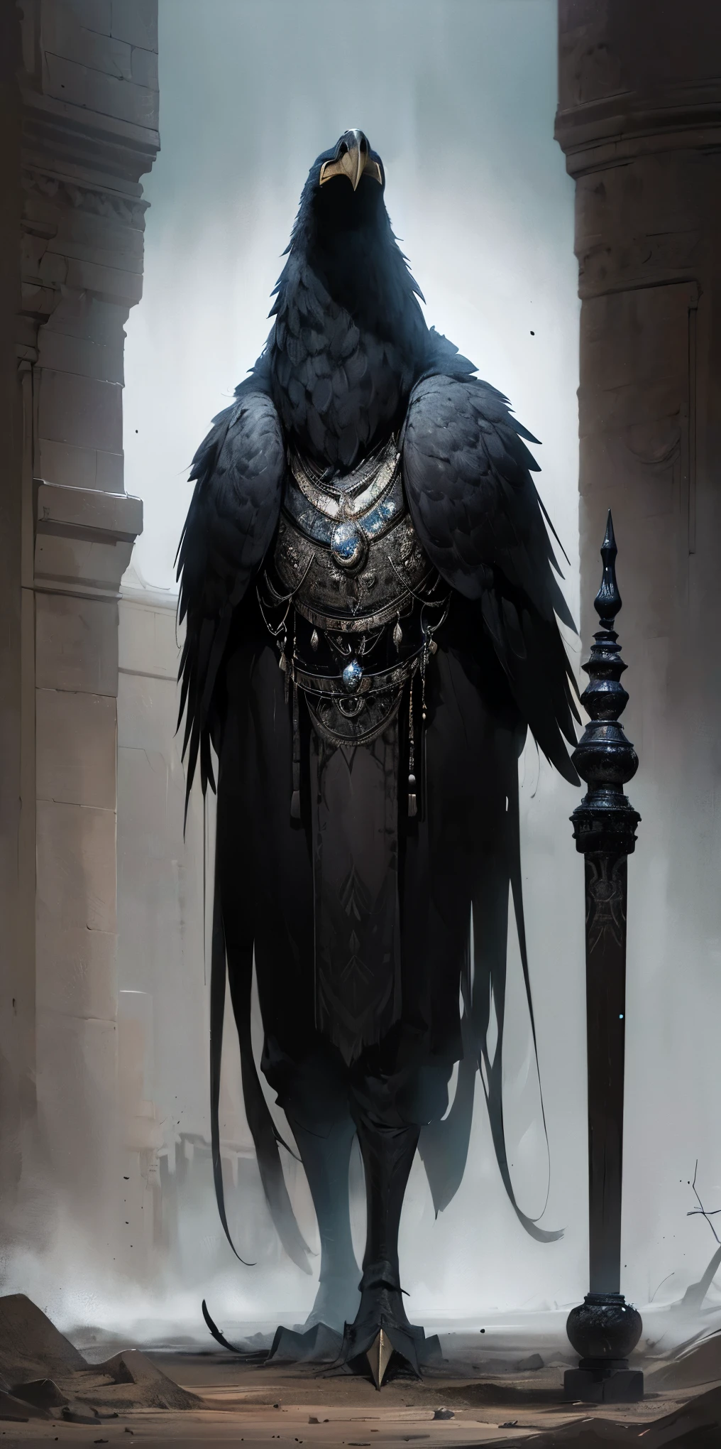 (best quality:1.2, ultra-detailed, realistic:1.37), black feathers, realistic portrait of a giant crow, dark and mysterious artistic style, intense lighting, vibrant colors
