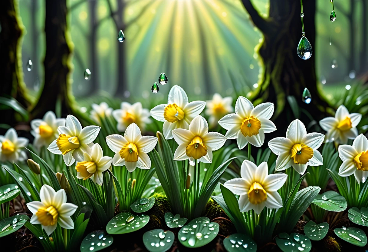 Springtime sun casting blinding light across a wet lawn, daffodils drooping slightly as if weeping March tears, reflective petals magnifying the radiance, waving grass blades nearly translucent with moisture, droplets catching light and casting dazzling spectrums, hyperrealistic, hyperdetailed, 32k resolution, moss-covered stones peeking between blades, dewdrops on clover leaves acting as prisms, trend. Highest image quality, High resolution, photorealistic, Raw photo