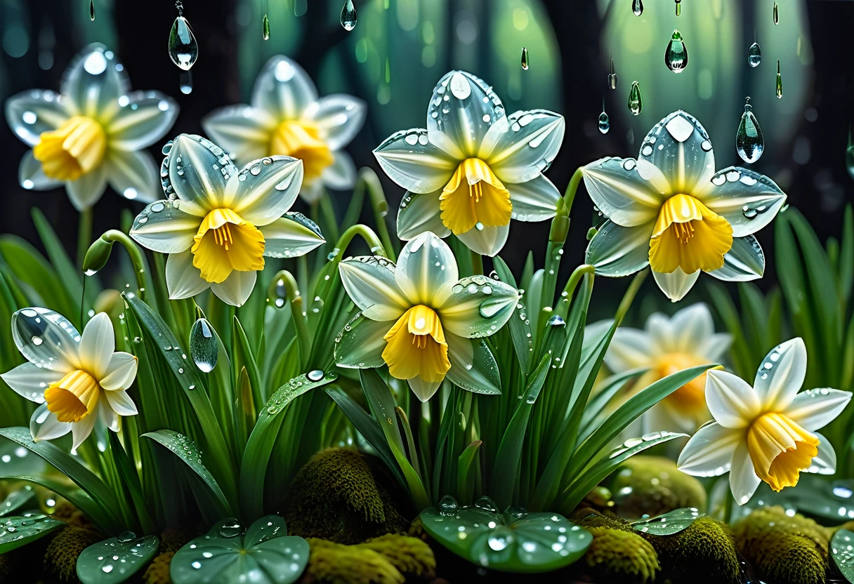 Springtime sun casting blinding light across a wet lawn, daffodils drooping slightly as if weeping March tears, reflective petals magnifying the radiance, waving grass blades nearly translucent with moisture, droplets catching light and casting dazzling spectrums, hyperrealistic, hyperdetailed, 32k resolution, moss-covered stones peeking between blades, dewdrops on clover leaves acting as prisms, trend. Highest image quality, High resolution, photorealistic, Raw photo