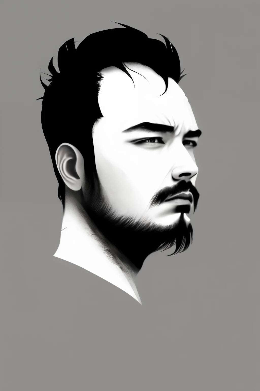 1 boy, looking at the viewer, shirt, black hair, 1 boy, closed mouth, white shirt, male focus, gray background, black eye, lips, facial hair, portrait, beard, realistic, moustache, grayscale, monochrome,advanced details