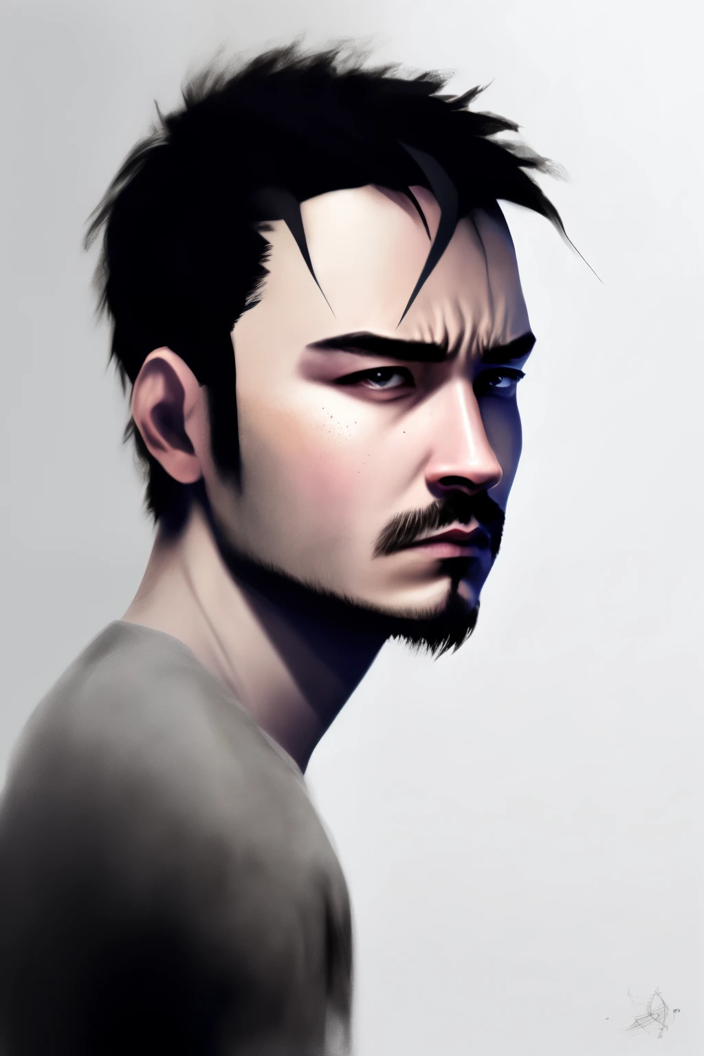 1 boy, looking at the viewer, shirt, black hair, 1 boy, closed mouth, white shirt, male focus,  black eye, lips, facial hair, portrait, beard, realistic, moustache, advanced details