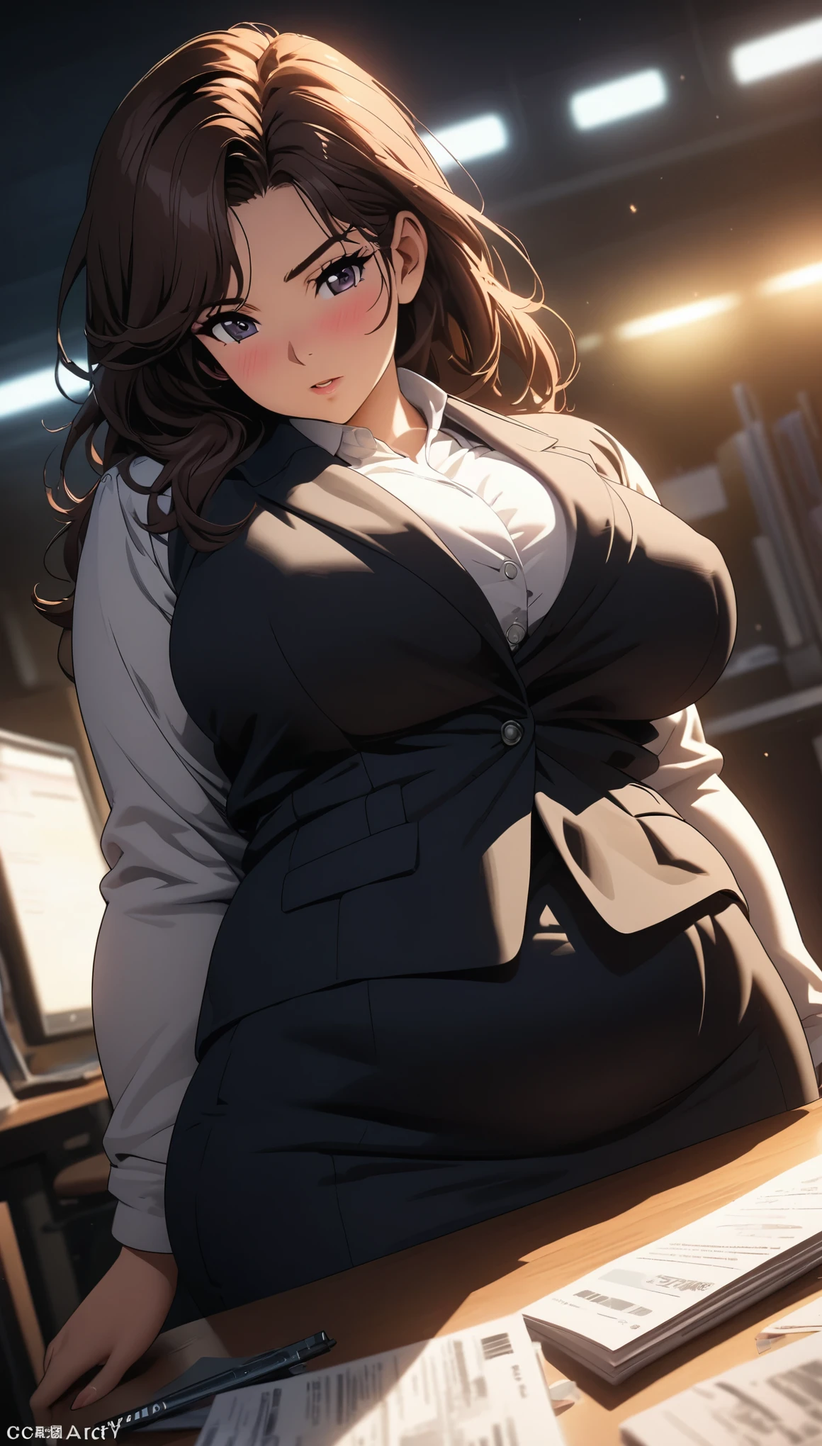 Comic city hunter style,Beautiful secretary 25 years old leaning on desk in office,plump breasts,戴black框眼镜,business suit,black,High heel,front,Horizontal viewing angle,rich and colorful,Japanese manga artist Tsukasa Hojo'style,depth of field,White background,Overclocked renderer,movie lighting,Ultra-fine,super detailed,CG art,