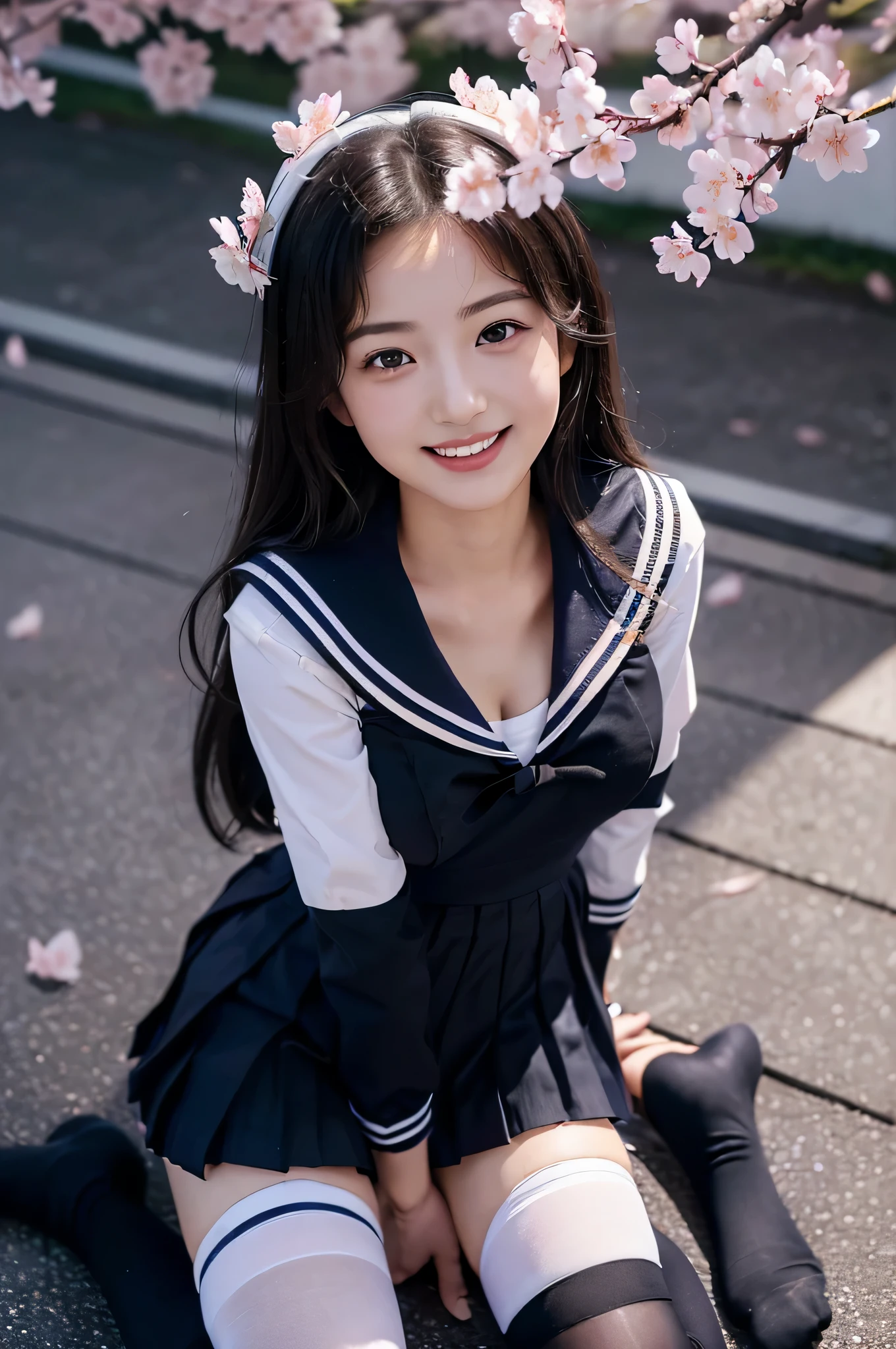 (hyper realism, 10, very detailed, highest quality, Super detailed, masterpiece, Super realistic, high detail, Raw photo, realistic,）((School、spring、cherry blossoms、admission)）,(((sailor suit, school uniform))), (((black pleated skirt))), (black stockings),(Angle from above、Composition that emphasizes the cleavage))、highest quality, (((whole body)))、(((big chest、Ｇcup)))、beautiful japanese girl,long hair、black hair、Smiling with a sexual expression,,  smile with a sexual expression, chest