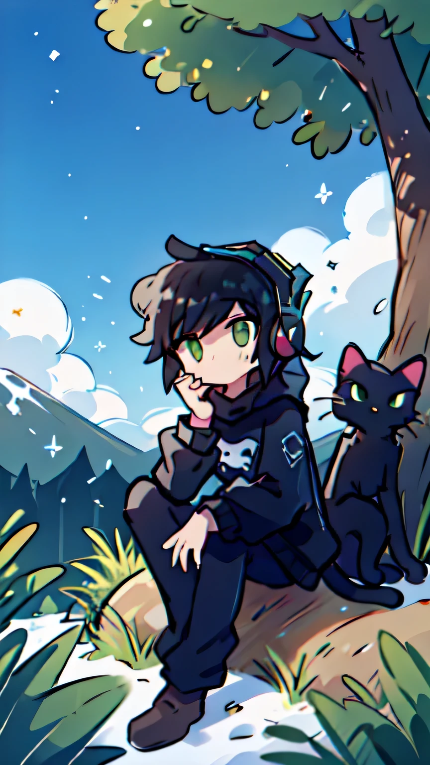 boy , green eyes , black hair , black shirt  , looking far away , chilling  lost in thoughts ,, sitting on top of mountain , high up , clouds , mountain , snowy , cold , trees , wearing headphones ,, trees , wearing headphones ,  ,looking at sky , far away view , cat next to him 