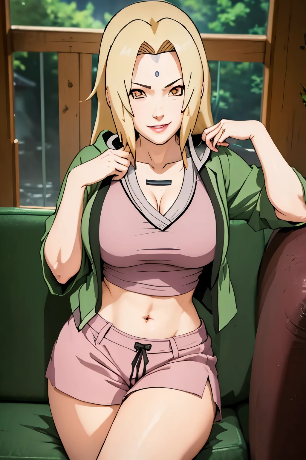 (masterpiece: 1,6), tsunade ( naruto) ,  seductive smile , water , green hoody , yallow hair , large breast , shirt , short pants , young , pink lips, anime girl ,