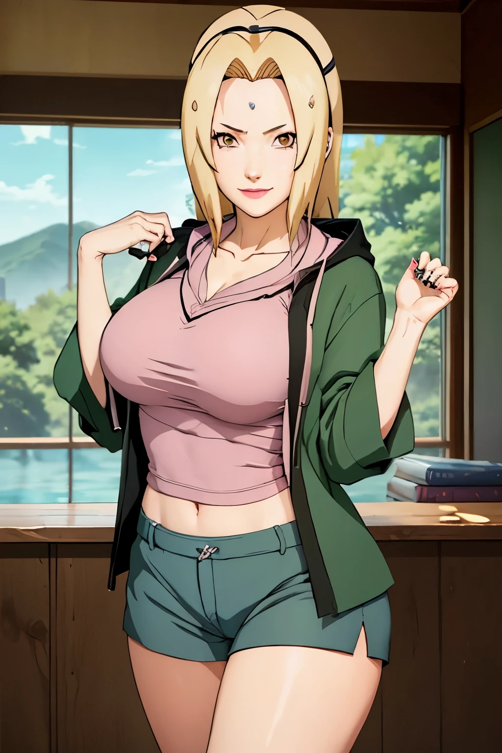 (masterpiece: 1,6), tsunade ( naruto) ,  seductive smile , water , green hoody , yallow hair , large breast , shirt , short pants , young , pink lips, anime girl ,