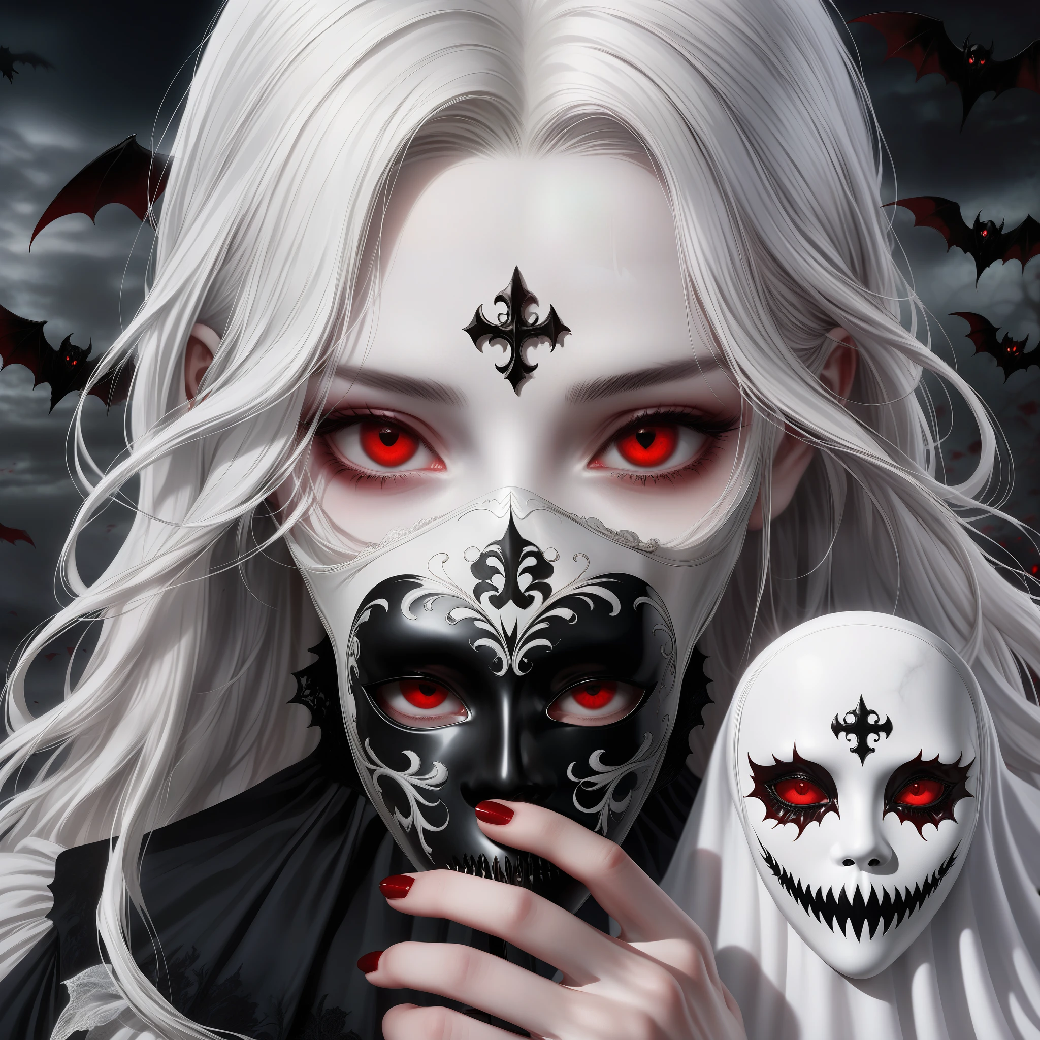 （Holding a mask in hand：1.5），（White-haired ghost，straight hair，red eyes），（gothic art），（fear：1.5），（Correct human anatomy：1.37）