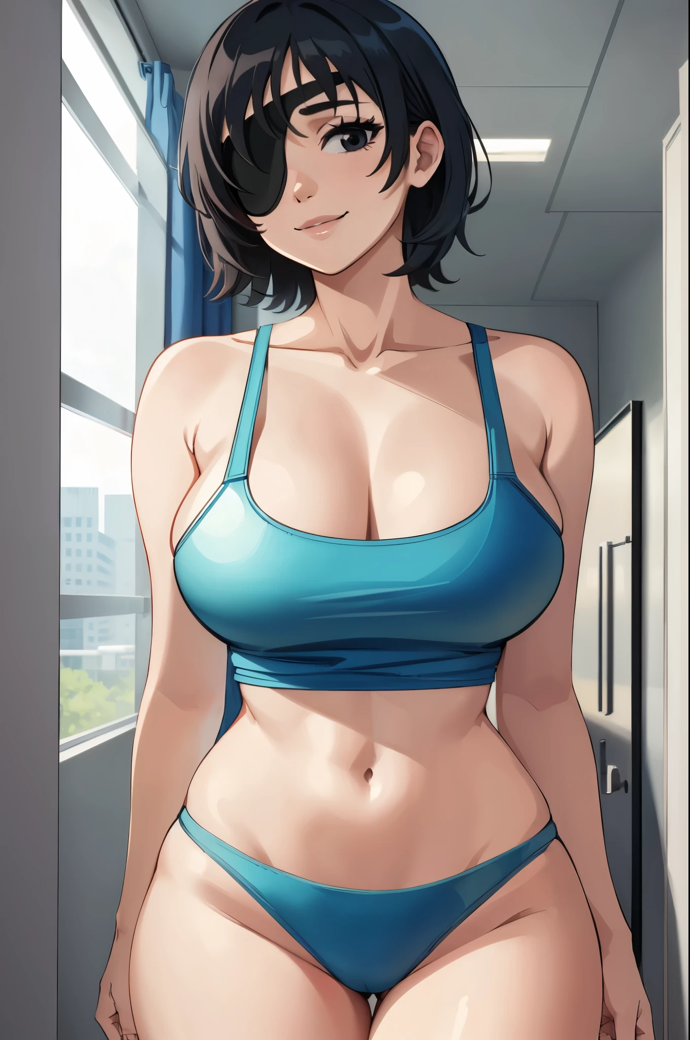 1girl, (solo:1.2), curvy, (masterpiece:1.2), (best quality:1.2), (perfect anatomy:1.4), (large breasts:1.4), (cowboy shot:1.4), cell shading, simple shading, clean lineart, indoors, at office, himeno, short hair, smile, (black eyes:1.2), black hair, eyepatch, messy hair, topless, collarbone, navel, (hands behind back), (bent towards), (closeup), view from front, tank top, panties, bedroom