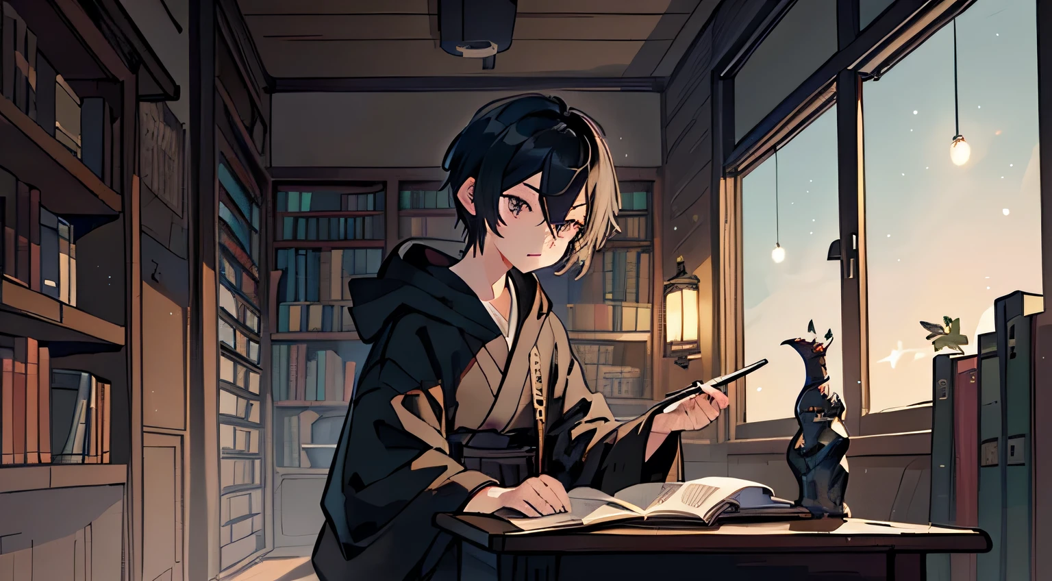 #night sky (darkness of night,no light), #one writing boy (21 male、writer, students、A dark-haired、short-hair、hoodie, hakama,sit flat), #black room at night (no light,black owls,books on desk,one candle,pretty tatami,a lot of books,bookshelf)