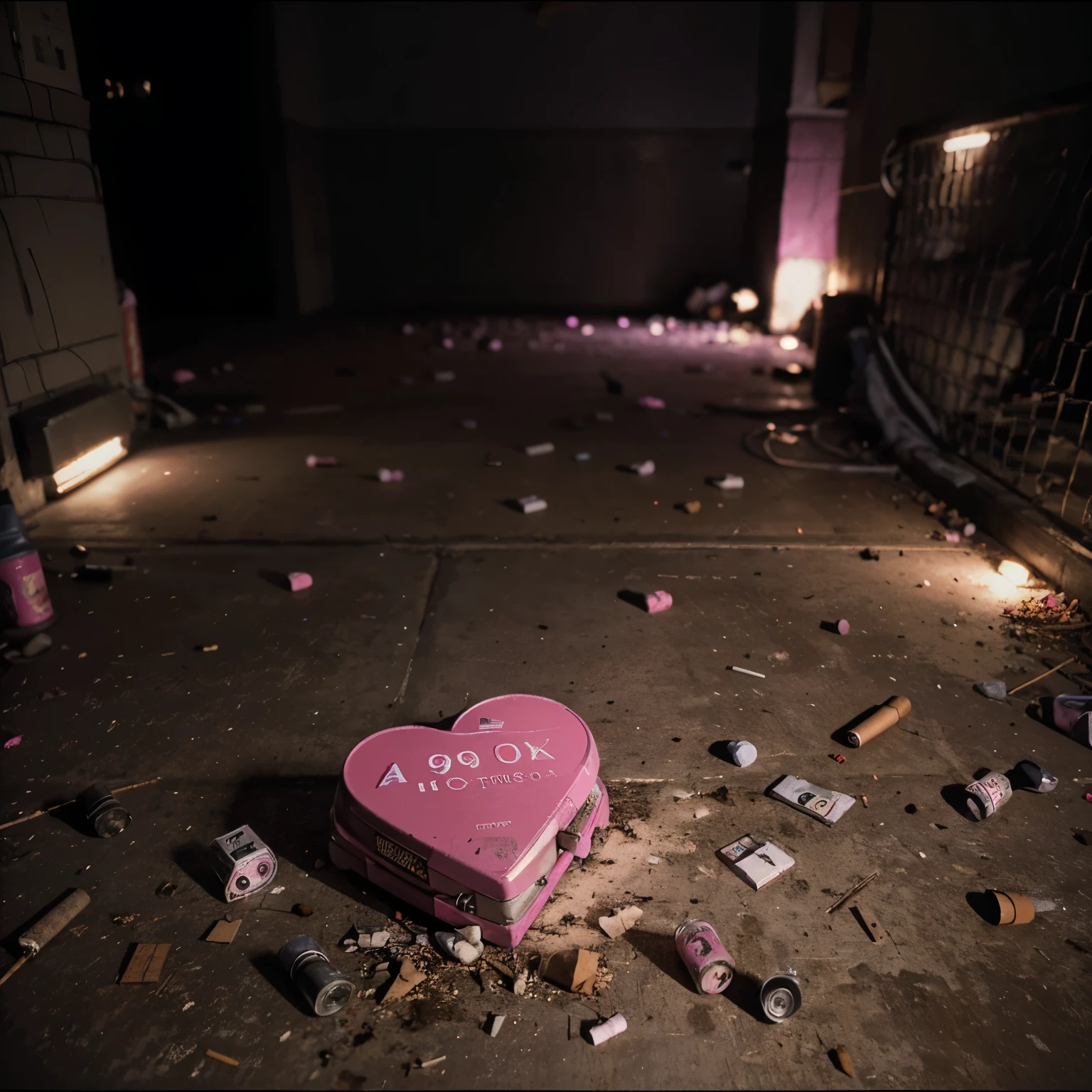 Main image parameter: still from the film; object: pink audio cassette from the 90s on the floor,there are cigarette butts nearby. Object details: old film creates a heart ,which is rewound with barbed wire. Stylistics: dark room Additional options: Low light , night; realism ,4K