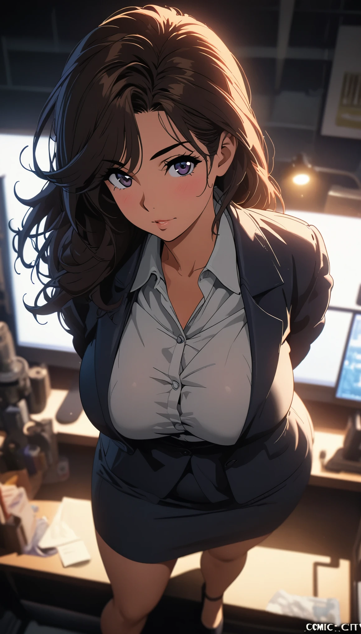 Comic city hunter style,Beautiful secretary 25 years old leaning on desk in office,plump breasts,戴black框眼镜,business suit,black,High heel,front,Horizontal viewing angle,rich and colorful,Japanese manga artist Tsukasa Hojo'style,depth of field,White background,Overclocked renderer,movie lighting,Ultra-fine,super detailed,CG art,