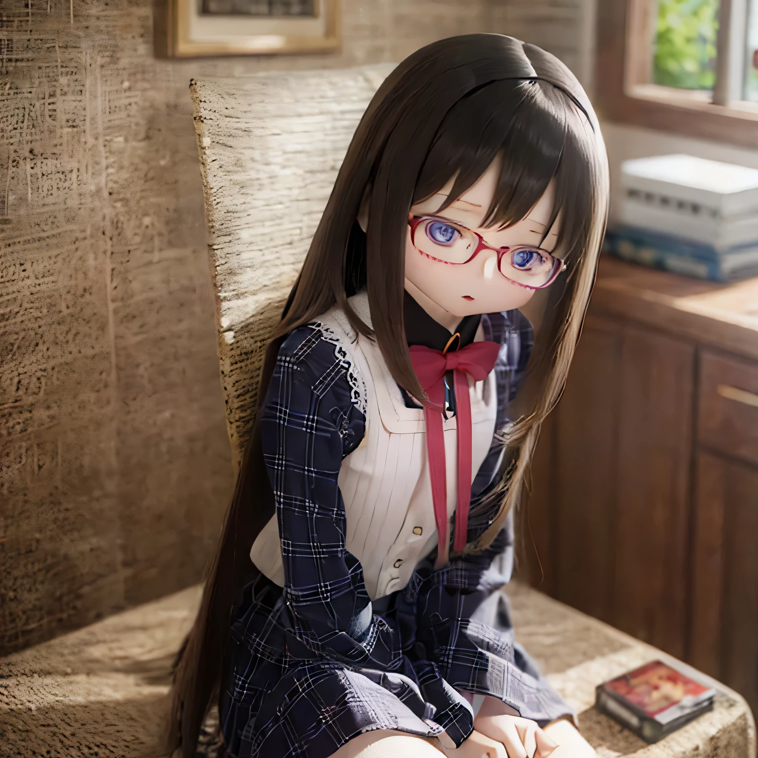 (best quality,photorealistic:1.37),vivid colors,ultra-detailed,physically-based rendering,"tabletop","expressive eyes","perfect face","closed lips","small chest","barefoot","Akemi Homura standing","black hair","sitting on a chair","black-framed glasses","underwear"