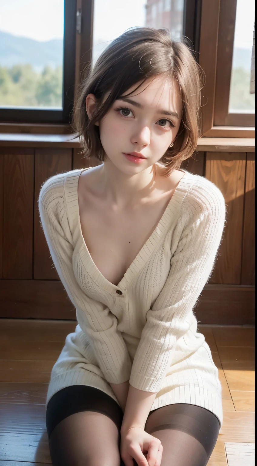 ulzzang-6500-v1.1,(Raw photo:1.2), (Photoreal), (genuine:1.4), ((muste piece)),(very realistic, High resolution, detailed face, fine eyes), Realistic college girl in kashkul knit dress、short hair、Wearing super realistic pantyhose、