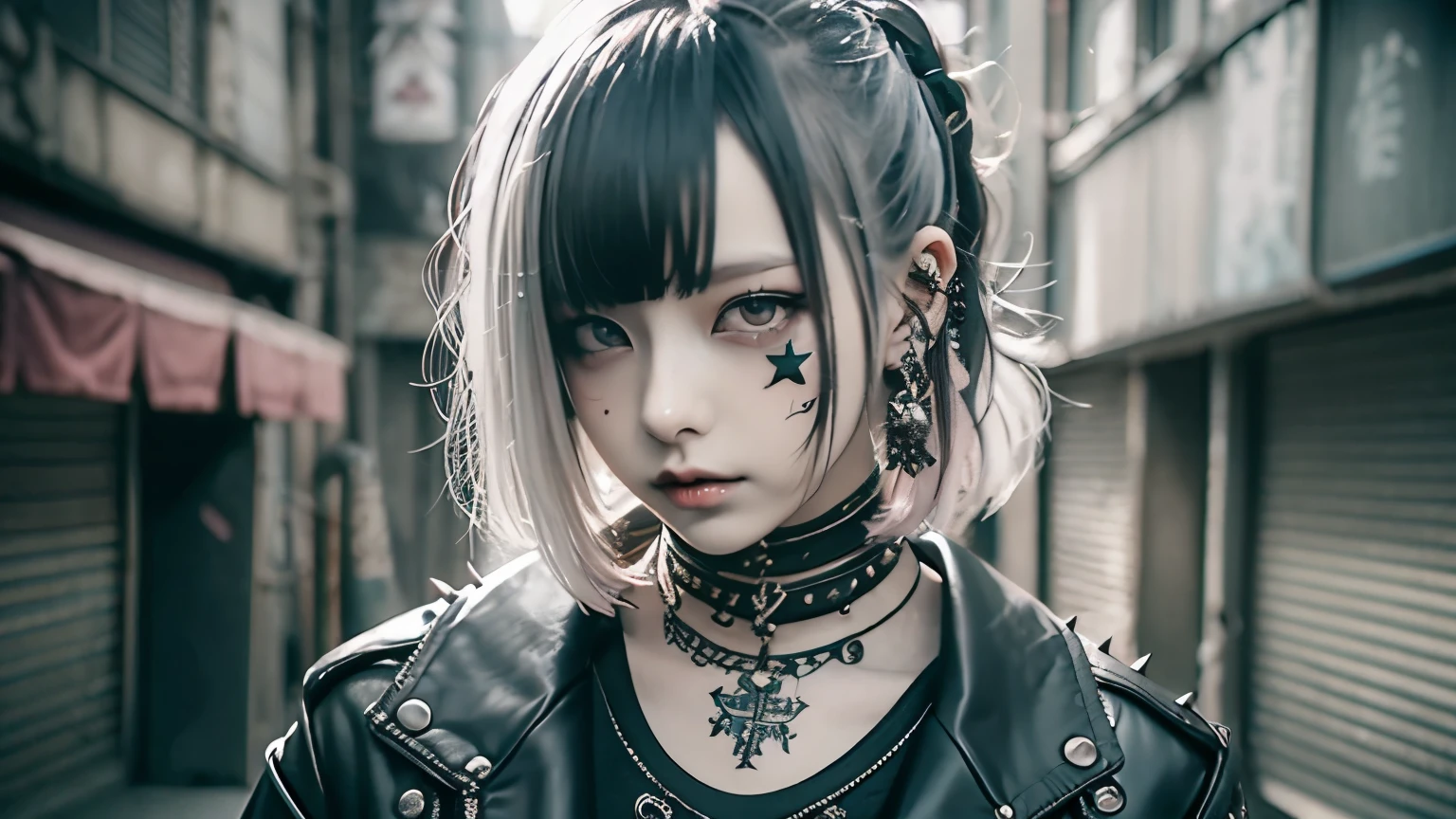 Mohican、、goth、(masutepiece), (Portrait), (Aesthetic), (Beautiful), (upper blody), (High quality), (aesthetic clothings), (professional angle), (thirds rule), (Feminine), (Woman), (Beautiful),(Feminine features), (25-years old), Solo, 1 woman, (Charming punk girl), Winters, Dramatic light,), Edgy makeup, (Small bust), , (Front face), (Defiant expression), ((defiance)), (Leather jackets and tattoos), ((Short hair)), (dyed (E.G. and pinks) hair), (spiky hair), (Thick hair), Matte Shine Hair, (Hair bands scattered in the hair), (Green eyes), (Bold and bold look), (pale skin), (Dark clothes), (Band T-shirt), (Ripped jeans), (-), crew neckline), ((Urban alley background)), (up close shot), Beautiful hands, Two hands, normal hands, Two arms, complete hands, Beautiful body, Beautiful fingers, normal fingers, Five Fingers, Five Fingers, (Thumb index finger ring finger), Beautiful ears, normal ears, Beautiful eyes, shiny eyes, Beautiful mouth, Beautiful lips,