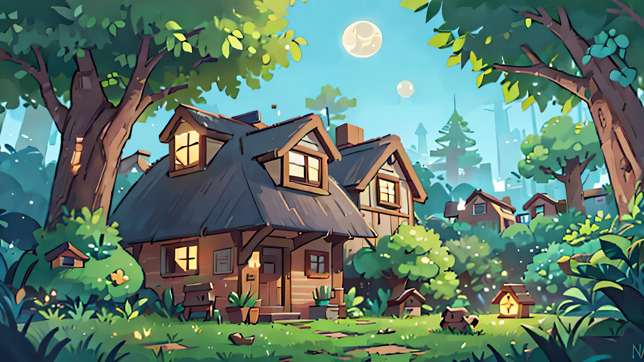 The image features a large, old-fashioned house with a moonlit sky above it. The house has a cobblestone path leading to its door and is surrounded by trees. There are two birds flying in the sky, adding a sense of motion to the scene. The overall atmosphere of the image is serene and inviting, as if one were to be drawn into the story of this charming home.