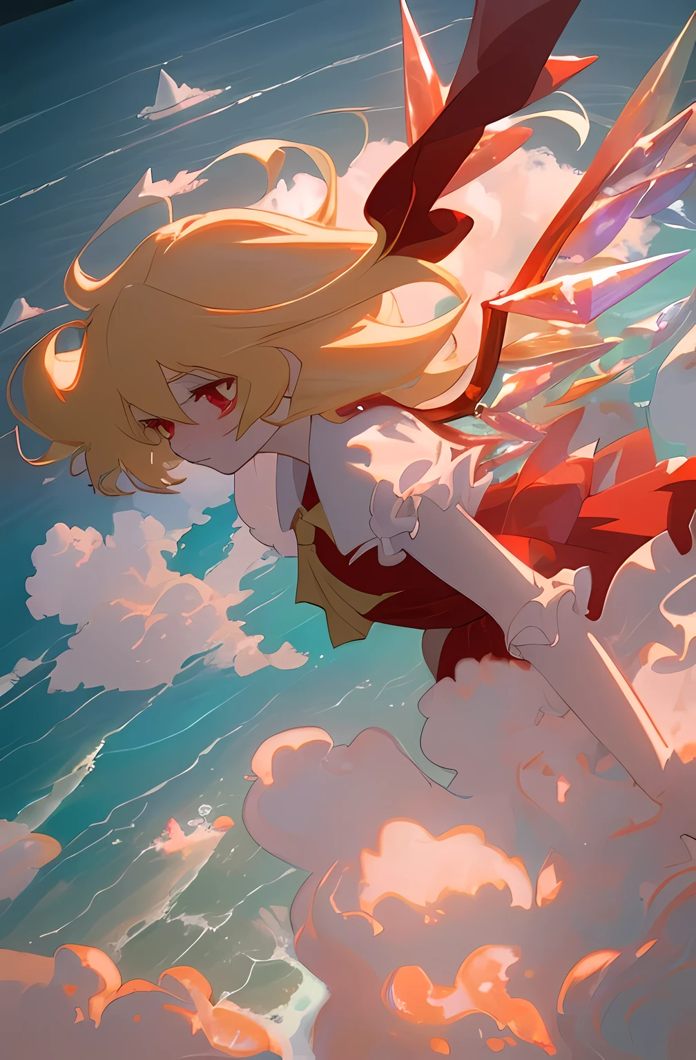 Masterpiece, Best Quality, ,Ultra Graphics, 8K, Movie Stills, 1Girl, Floating in the Sky, flandre_scarlet, Clouds, (Distance: 1.0), Bright, Shy, Jealousy girl, Shining Crystals wings, Soft Lighting, ((Ocean Theme))
