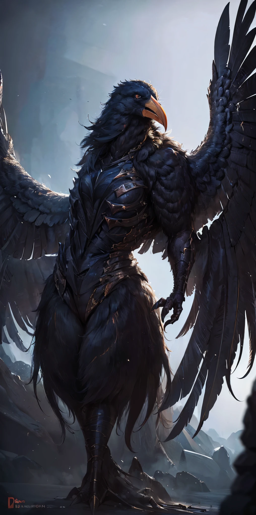 (best quality:1.2, ultra-detailed, realistic:1.37), black feathers, realistic portrait of a giant crow, dark and mysterious artistic style, intense lighting, vibrant colors