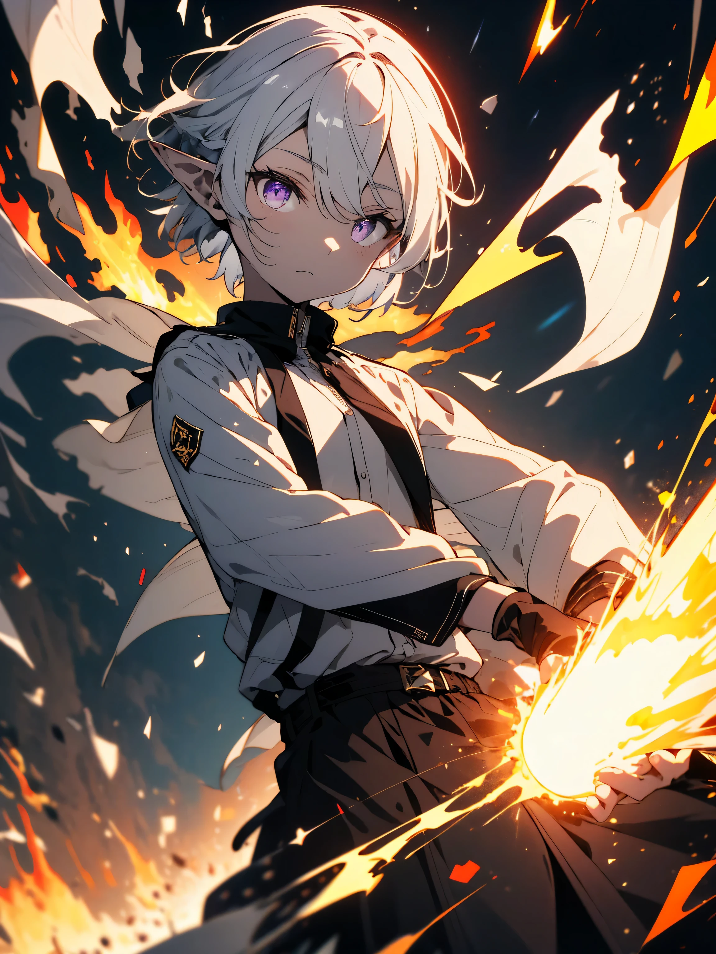 (highest quality、masterpiece、High resolution、detailed)、(Shining eyes、detailed beautiful face)、14 year old boy, Good person, white skin albino, short gray hair, white hair covering ears, giant elf ears, Pointy, hairy ears, purple eyes, light firepower, The power of the sun, pyrokinesis, material manipulation, no anger, golden clothes, fully clothed, wear a shirt, no muscles