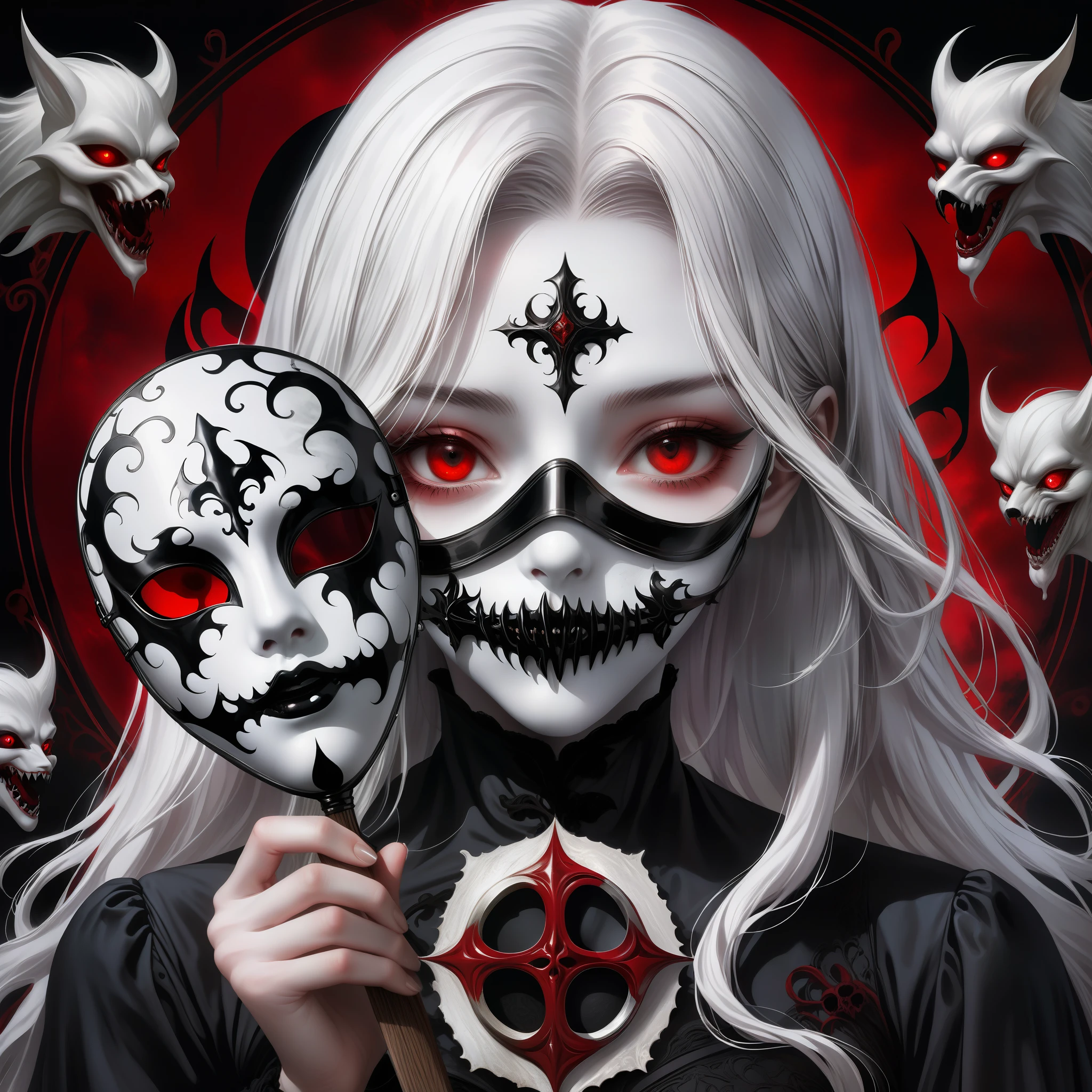 （Holding a metal mask in hand：1.5），（White-haired ghost，straight hair，red eyes），（gothic art），（fear：1.5），（Correct human anatomy：1.37）