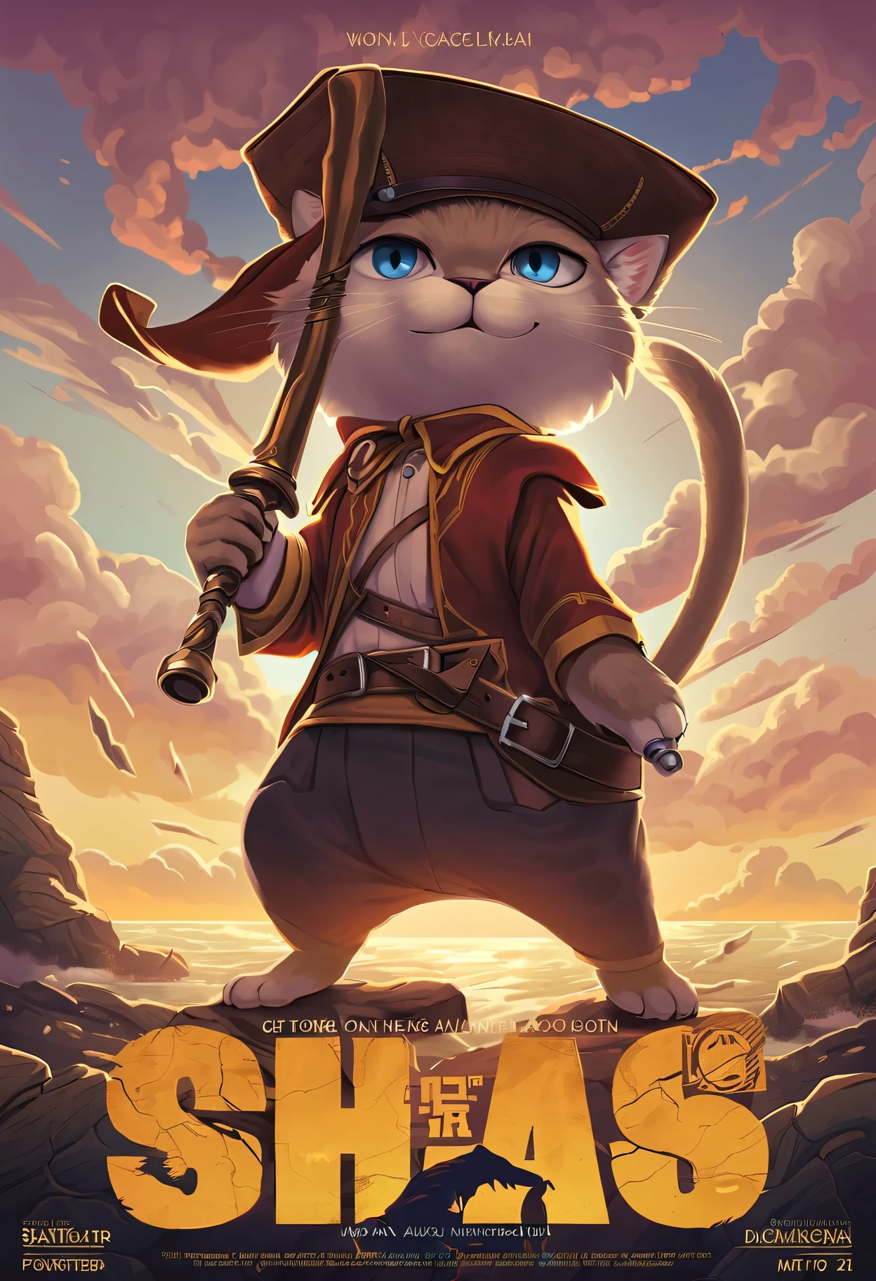 ((filmposter)),Dressed in a cute cat pirate one-piece,Wears a Stave hat,He raised his saber,standing on cliff,Looking down at the rough sea,A new dawn has risen on the horizon,