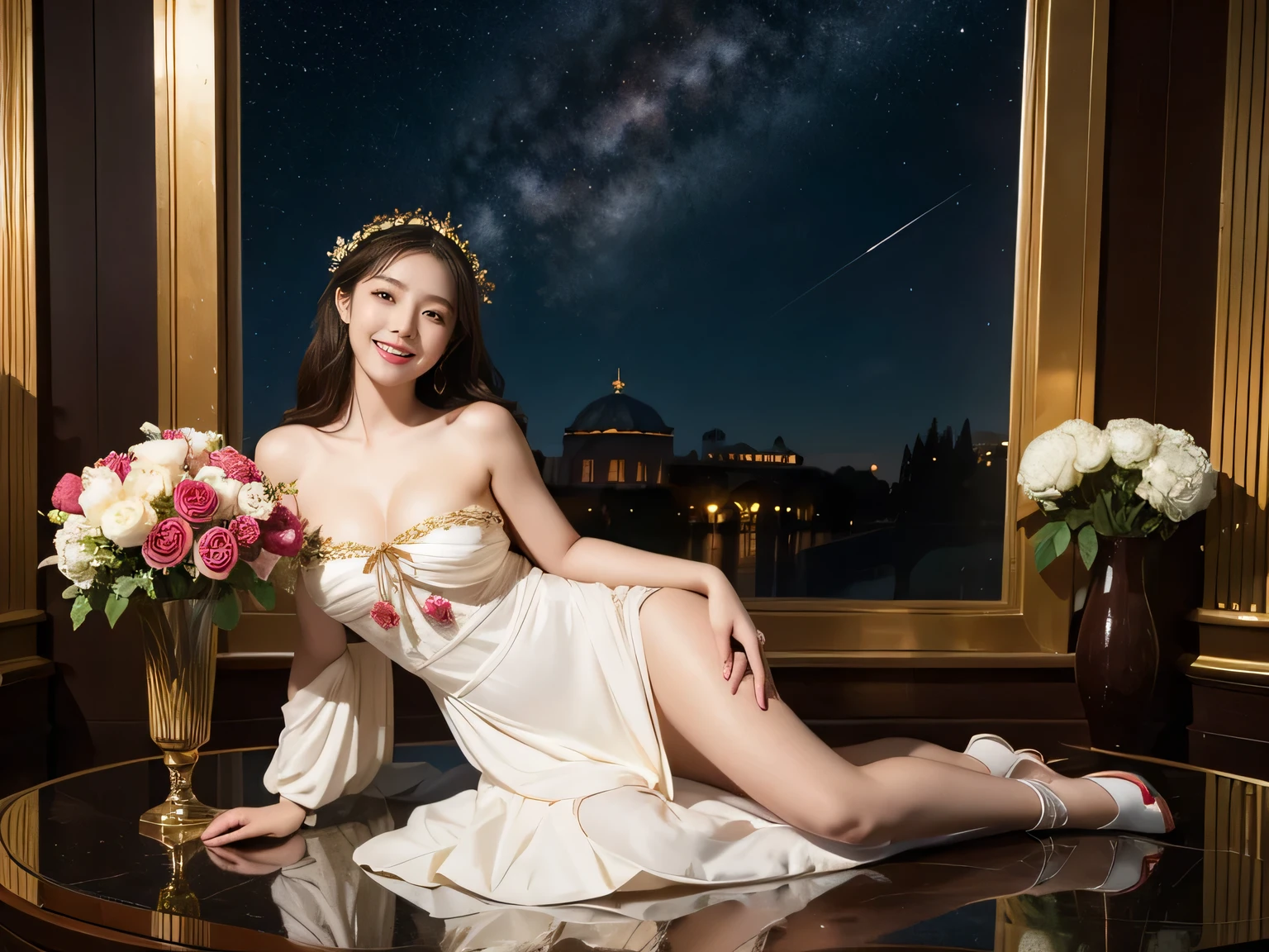 full body portrait or statue、geometry、Stained glass、12 constellations、Vigée Leblanc style、math、astronomical machine、astronaut、roses in vase、fruit、Cute trinkets、smile、ancient greek costume、Sandro Botticelli paintings、Costume that stretches your shoulders、A big smile、expression of ecstasy、sexy、beautiful bare skin、Detailed representation of the seducing woman throughout the body 