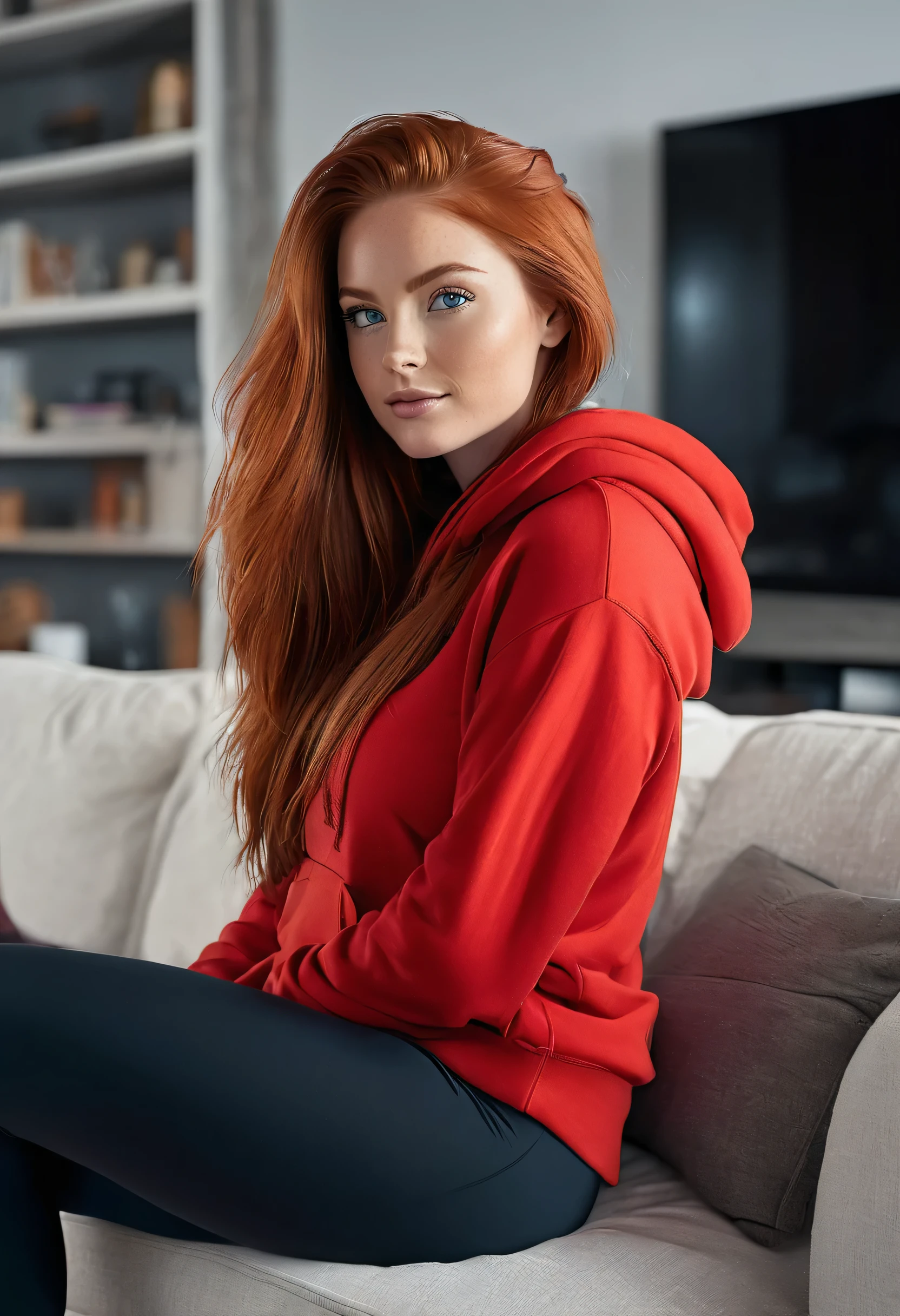 Full body photography, side view of a beautiful woman, 25 years old, long red hair and blue eyes, big breasts. Wearing leggings and a red hoodie. She is lounging on a cozy sofa with blankets on it. The background is a cozy living room. Flawless skin, natural face, detailed face, detailed hair, detailed hands, female figure, photorealistic, professional color correction, hyper-detailed, hyper-realistic, small focal length