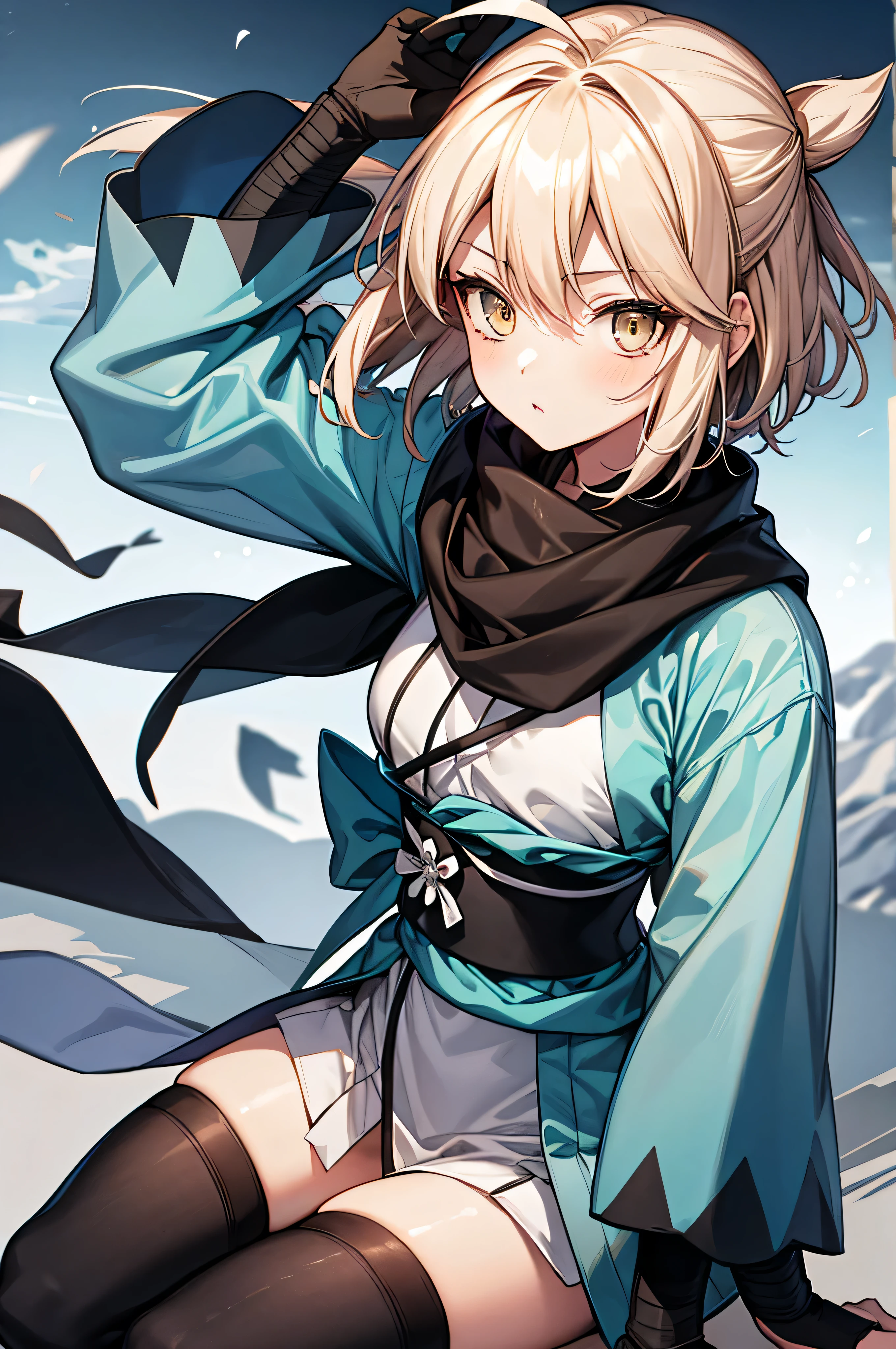 masterpiece, highest quality, perfect face, highest resolution, Highest image quality,Detailed depiction of the eyes,1 girl solo, Okita Souji, Ahoge, arm guard,wide sleeve,toeless legwear,white kimono, Shinsengumi,  yellow eyes,black stockings,short kimono, Haori,black scarf, short hair, Ahoge, scarf, blonde hair, kimono, warrior、Rin々New、looking at the viewer,Japanese castle in the background ,