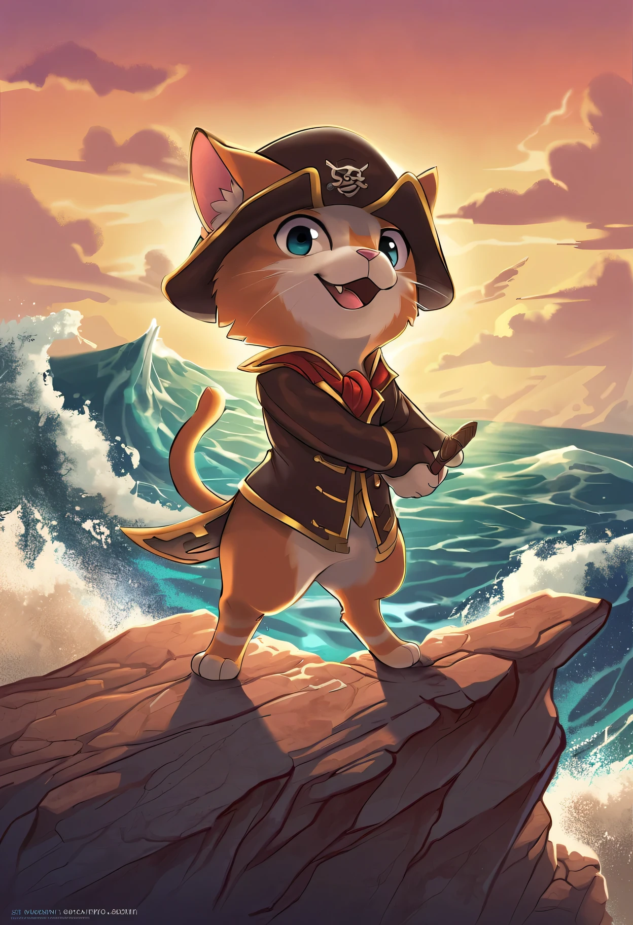 ((filmposter)),Dressed in a cute cat pirate one-piece,Wears a Stave hat,He raised his saber,standing on cliff,Looking down at the rough sea,A new dawn has risen on the horizon,