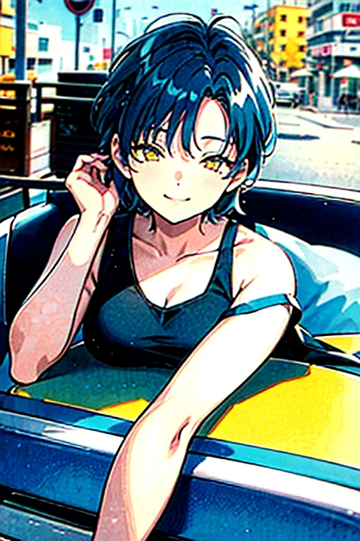 short hair, blue hair, yellow eyes, sleeveless shirt, lying, Closed-Eyes Smile, Fair skin, outdoors, cafe, looking at viewer, 1990s (style), --niji 5  --ar 2:3
