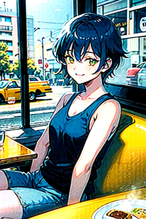 short hair, blue hair, yellow eyes, sleeveless shirt, lying, Closed-Eyes Smile, Fair skin, outdoors, cafe, looking at viewer, 1990s (style), --niji 5  --ar 2:3
