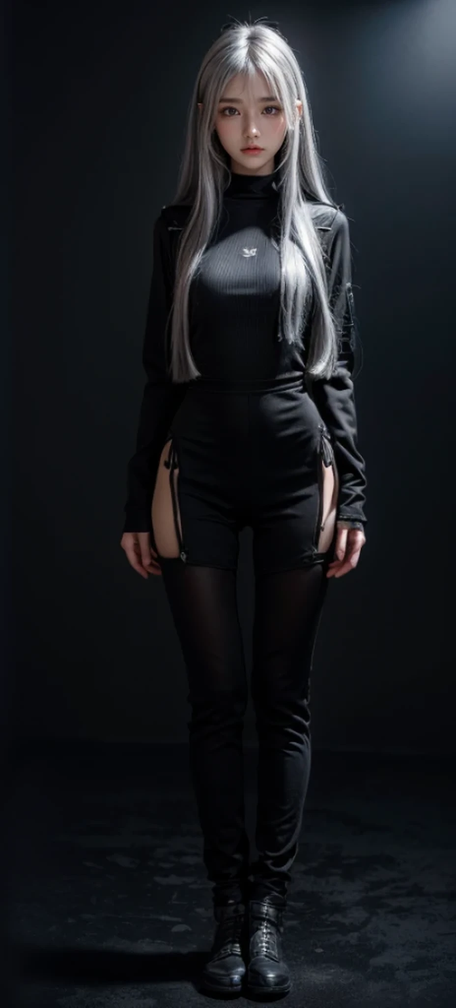 black military uniform,whole body,Height: 168cm,almond shape eyes,{{{{{silver eyes}}}}},{{{{{dull bangs}}}}},(slanted eyes},{{whole body},{{{1 girl}}}, long hair, straight hair,{{{{silver hair}}}},{{{tsurime}}},30 years old,{Medium chest},{{bush}},silver eyes,{{{masterpiece}}}, {{{highest quality}}}, {{Super detailed}}, {shape}, {{very delicate and beautiful}},very detailed,detailed perfect,detailed hyper,Abundant thighs,big ass