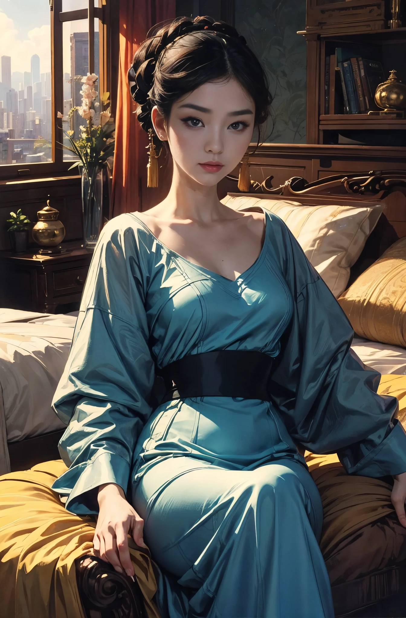 A painting of a beautiful young woman standing quietly, summerside night, beautiful hong kong night view, Suite room in high-rise apartment, Million Dollar Night View, Chinese secret agent, talented female spy, First Class Saboteur She is wearing an elegant purple cheongsam......., Works that influenced Chen Yifei, Works that influenced Francesco Hayes, Inspired by Hendrik Terbruggen, Jean=Works that influenced Auguste Dominique Ingres, Inspired by Liu Jun, Jean=Works that influenced Auguste Dominique Ingres, highest quality, perfect angle, perfect composition, best shot, official art, cinematic light, figurative art, intense watercolor, watercolor detailed art,Beautiful and expressive paintings, Beautiful artwork illustration, wonderful, cool beauty, clear, Mysterious, highest quality, official art, perfect composition,perfect angle, Perfect light and shadow contrast, perfect shadow, sharp shadow, cinematic light, best shot, women only, sharp outline, melancholy, nostalgia, nostalgia,sharp and long eyes, Very beautiful and delicate eyes, ideal animation, melancholy, nostalgia, romantic, 1960s, beautiful cityscape, Hong Kong travel diary, sepia colored memories, unforgettable woman, Close-up