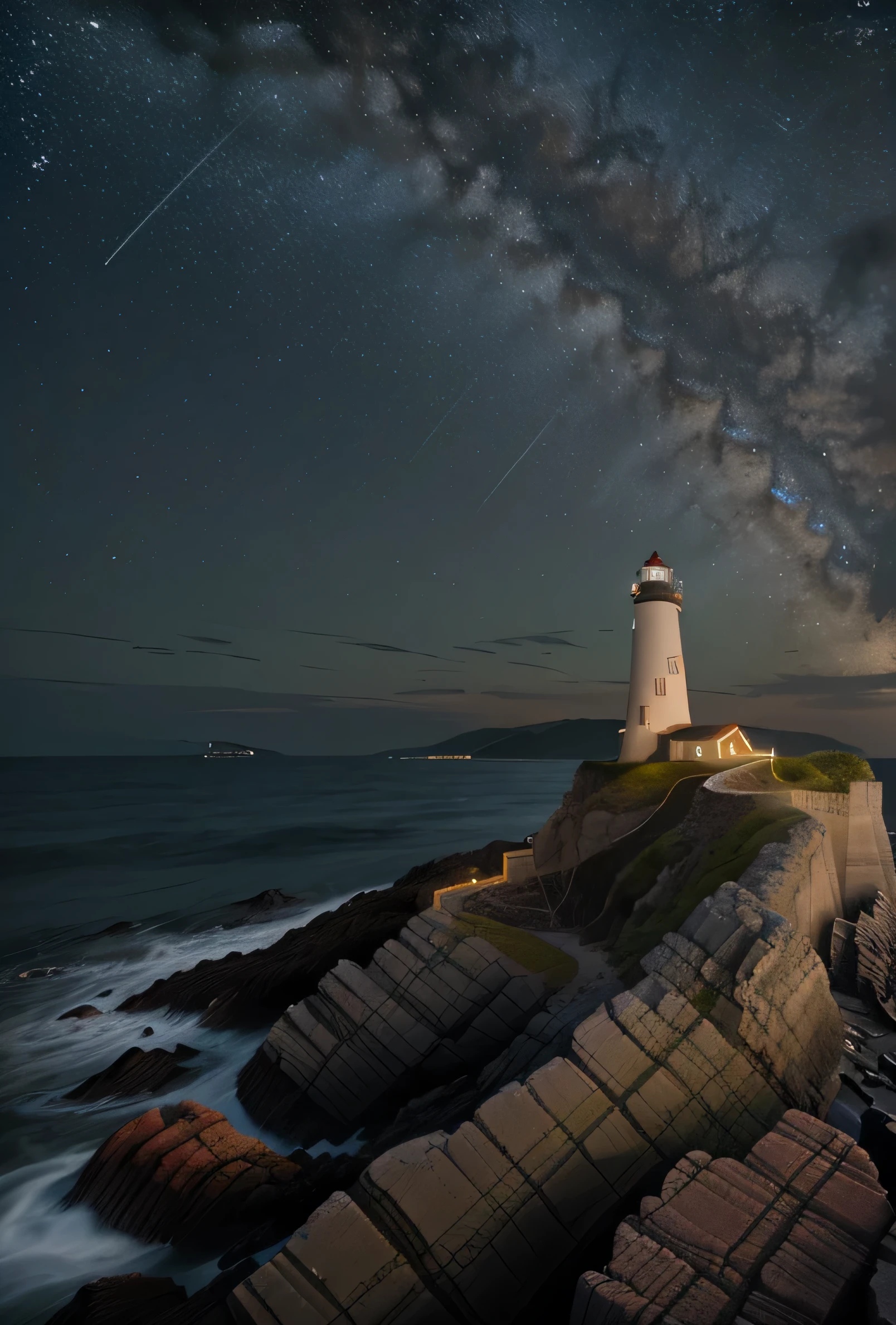 old lighthouse, rocky shore, night time