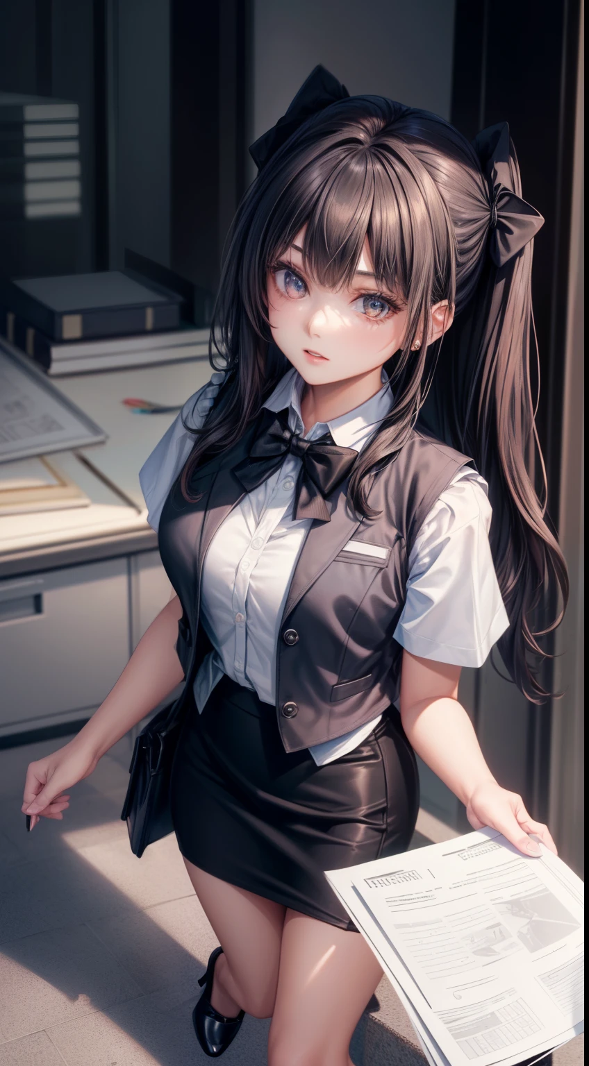 1 girl, alone, 25 years old, highest quality, Super detailed, 8K, High resolution, detailed face, black hair, (((half up))) (((office leadie, Business service, vest, bow tie, pencil skirt, pumps))), at work, have a stack of paper,