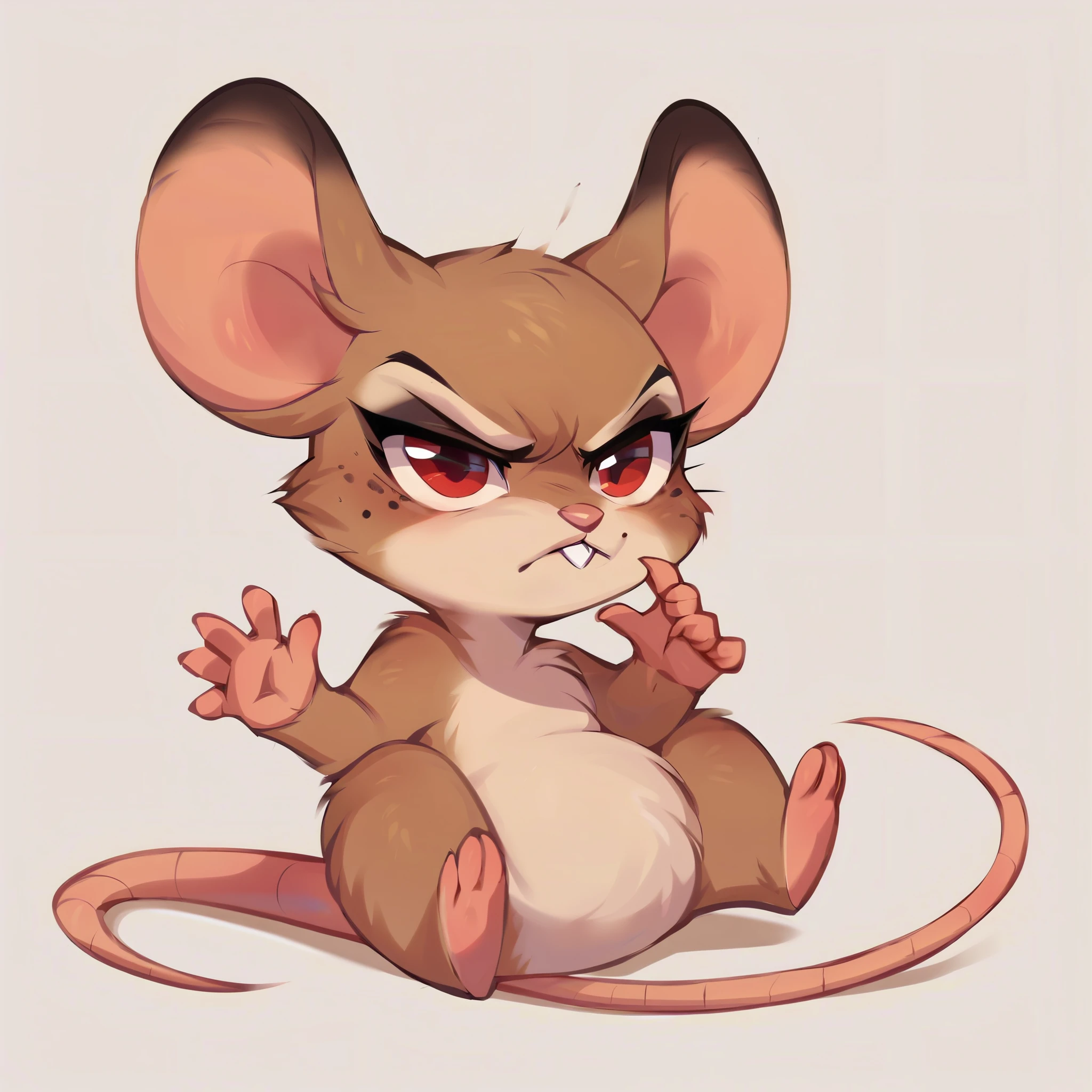 score_9, score_8_up, score_7_up, score_6_up, score_5_up, score_4_up, show accurate, full body, hungry body, simple background, (solo), (semi anthro), mouse, female mouse, mouse walking on two legs, (light brown dull fur), determined look, red eyes, 