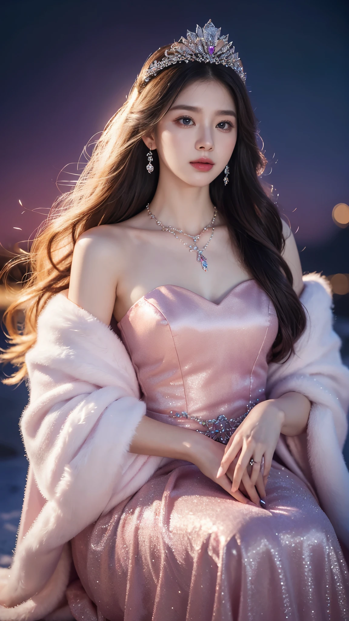 There was a woman in a pink dress，Wearing a necklace,((a beautiful fantasy empress).inspired by Sim Sa-jeong，Azure.detailed hairs,winter princess,LCE Princess,Guvez-Steville artwork,8K)),fantasy aesthetic!.Guviz,Ice Queen,8k high-quality detailed art.